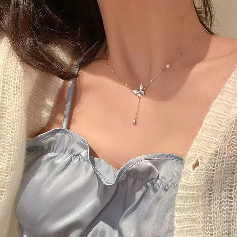 Delicate 925 Sterling Silver Pavé Butterfly Drop Necklace