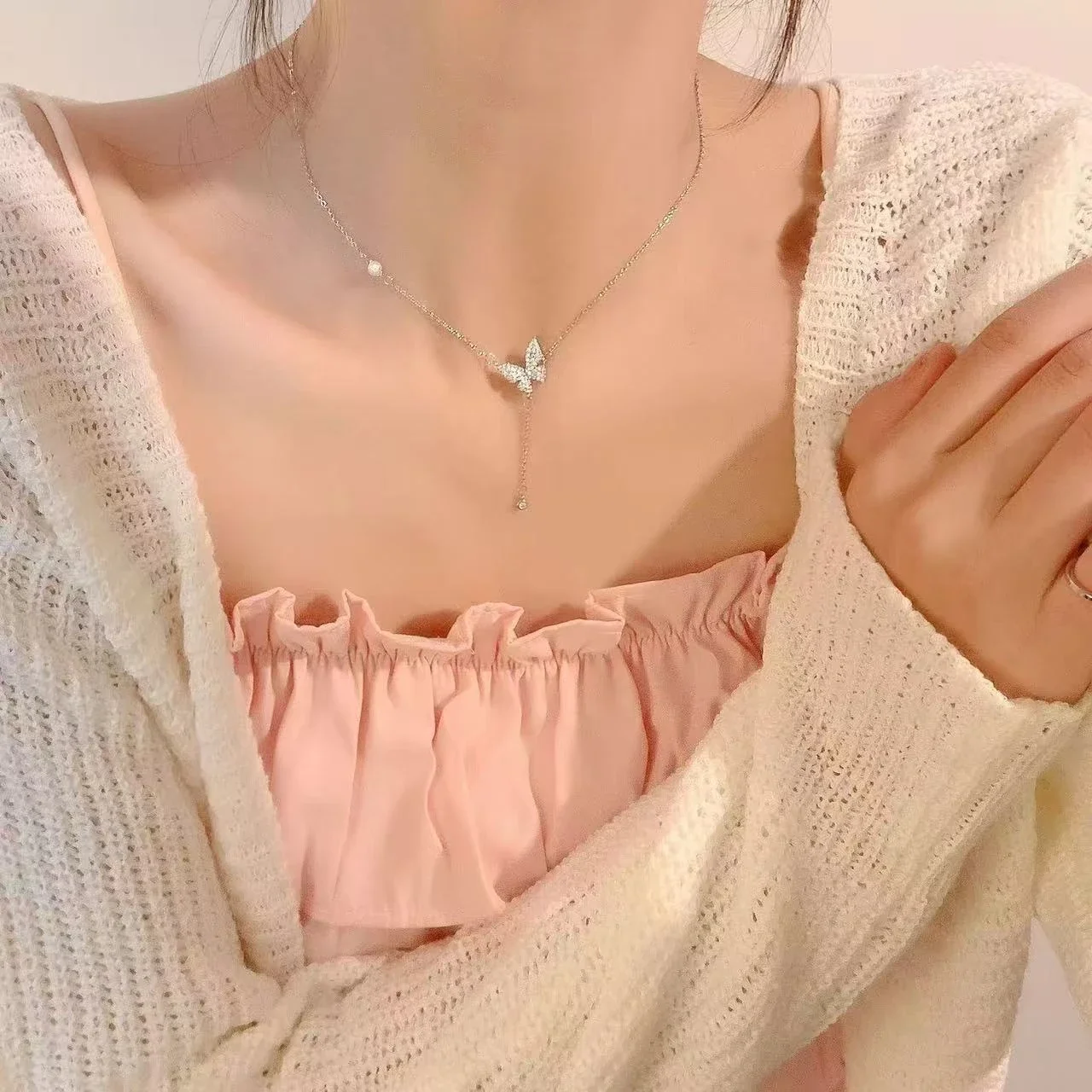 Delicate 925 Sterling Silver Pavé Butterfly Drop Necklace