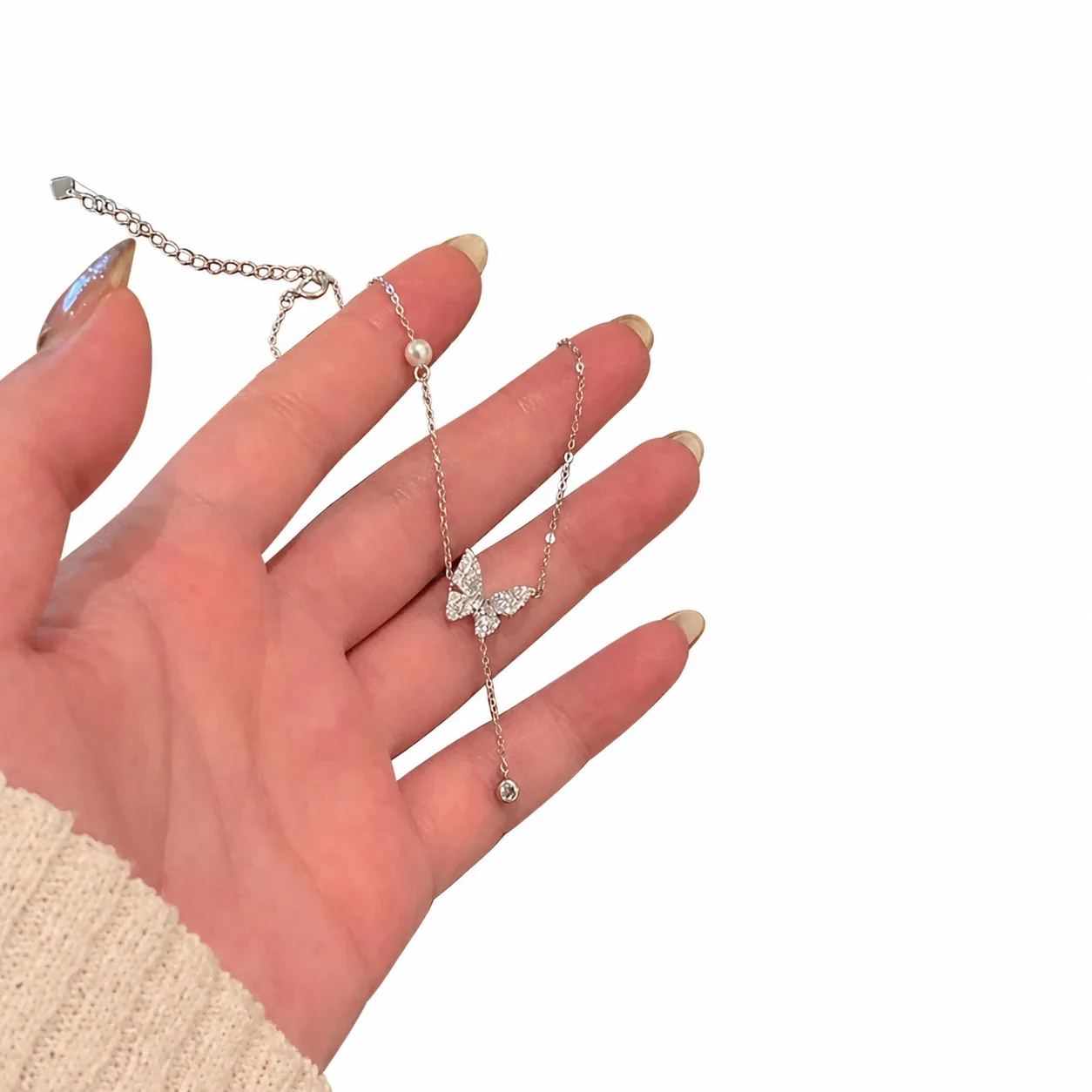 Delicate 925 Sterling Silver Pavé Butterfly Drop Necklace - Silver