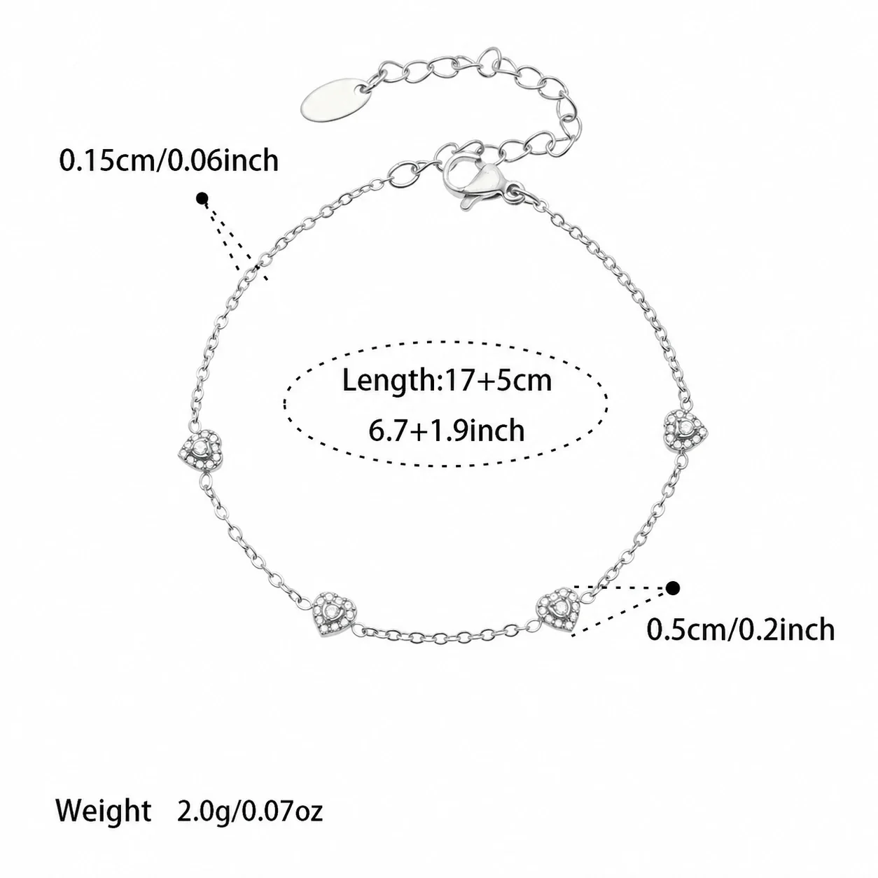 Dainty Heart CZ Station Stainless Steel Bracelet - Silver White CZ 17+5 cm
