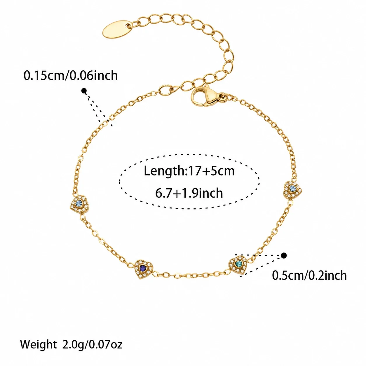 Dainty Heart CZ Station Stainless Steel Bracelet - Gold Blue CZ 17+5 cm
