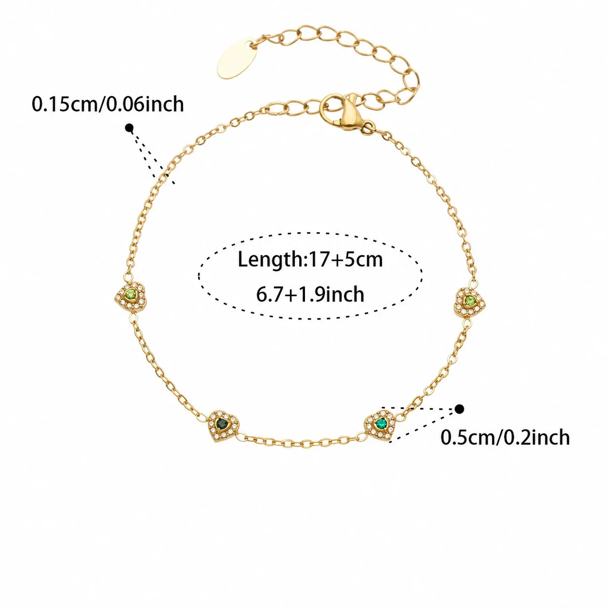 Dainty Heart CZ Station Stainless Steel Bracelet - Gold Green CZ 17+5 cm