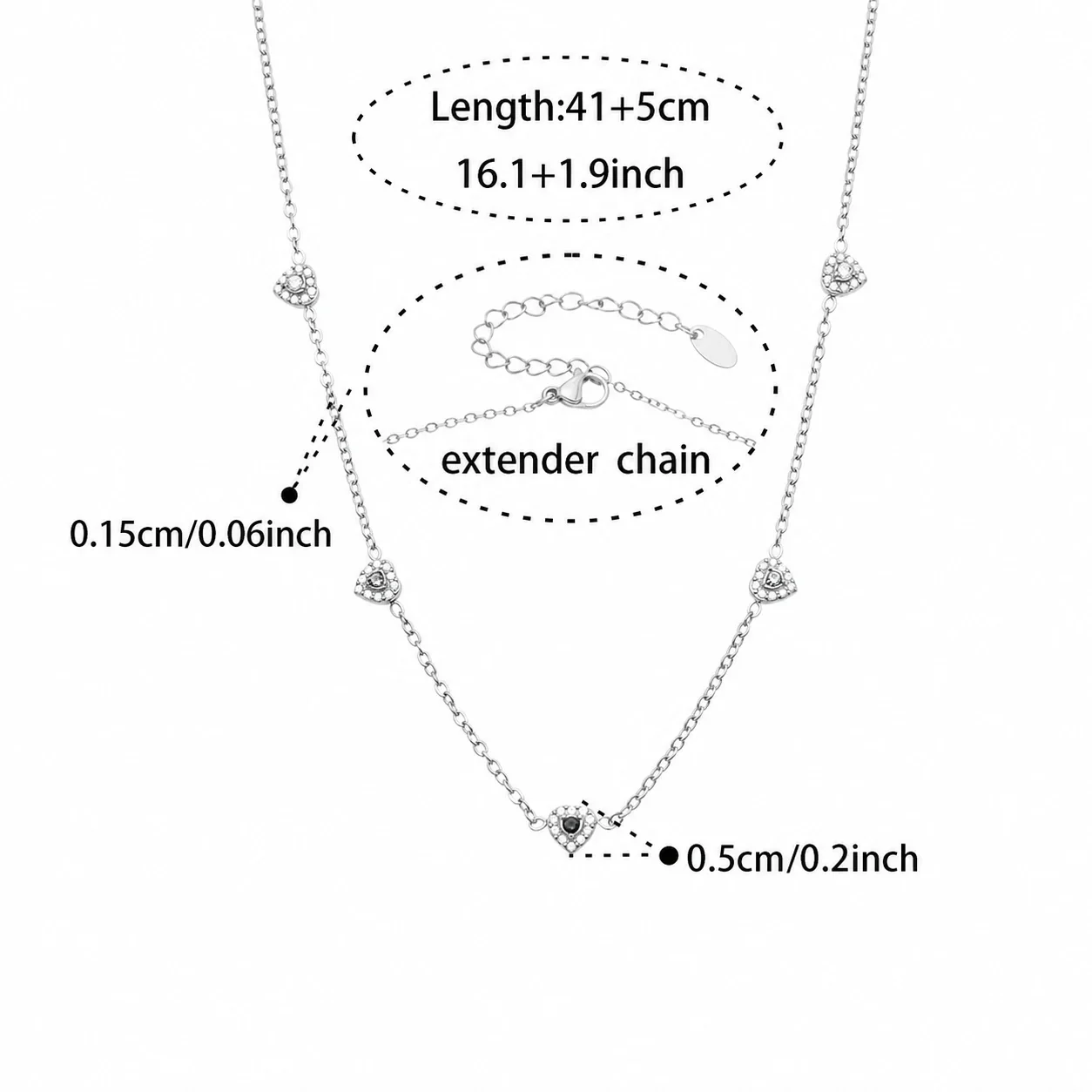 Dainty Heart CZ Station Stainless Steel Bracelet - Silver Black CZ 41+5 cm