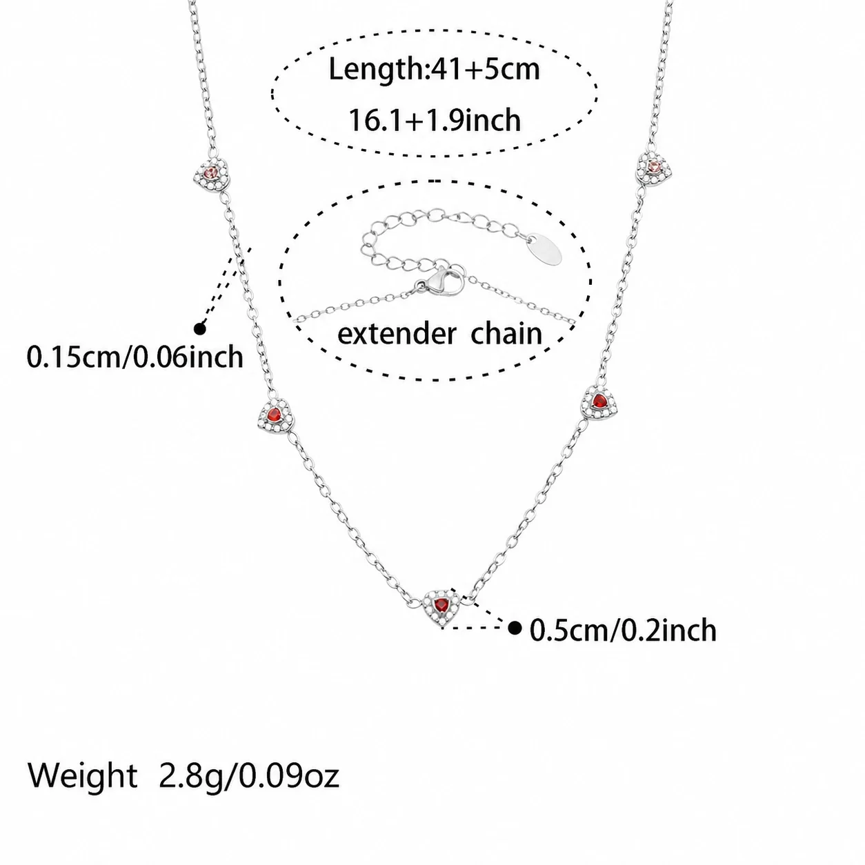 Dainty Heart CZ Station Stainless Steel Bracelet - Silver Red CZ 41+5 cm
