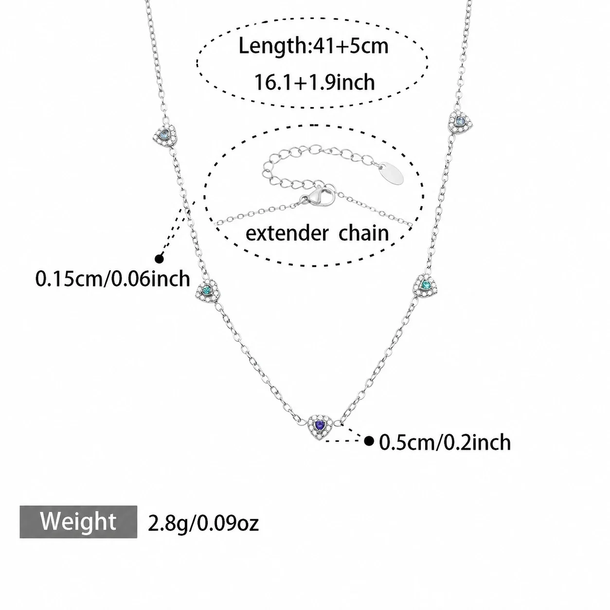 Dainty Heart CZ Station Stainless Steel Bracelet - Silver Blue CZ 41+5 cm