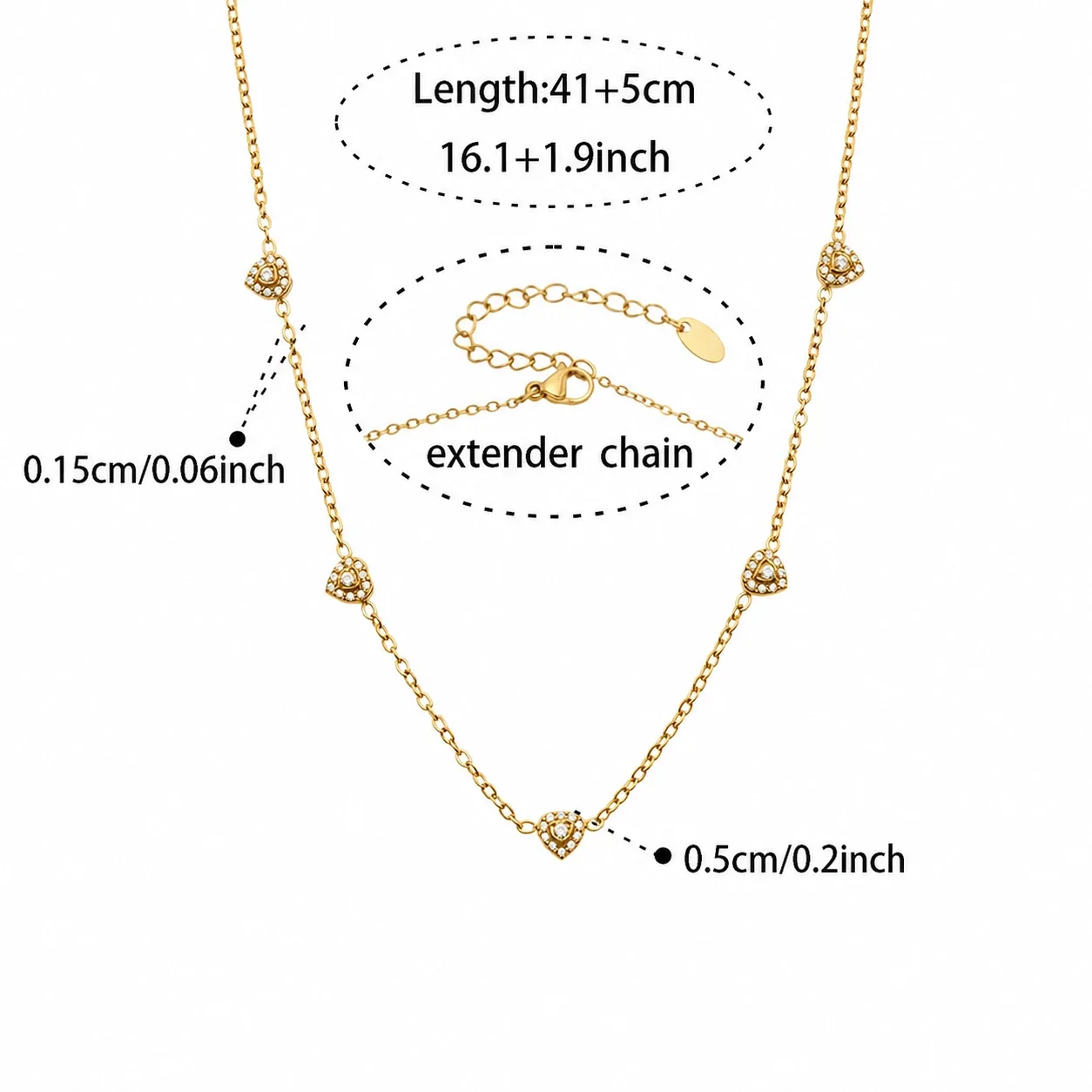 Dainty Heart CZ Station Stainless Steel Bracelet - Gold White CZ 41+5 cm