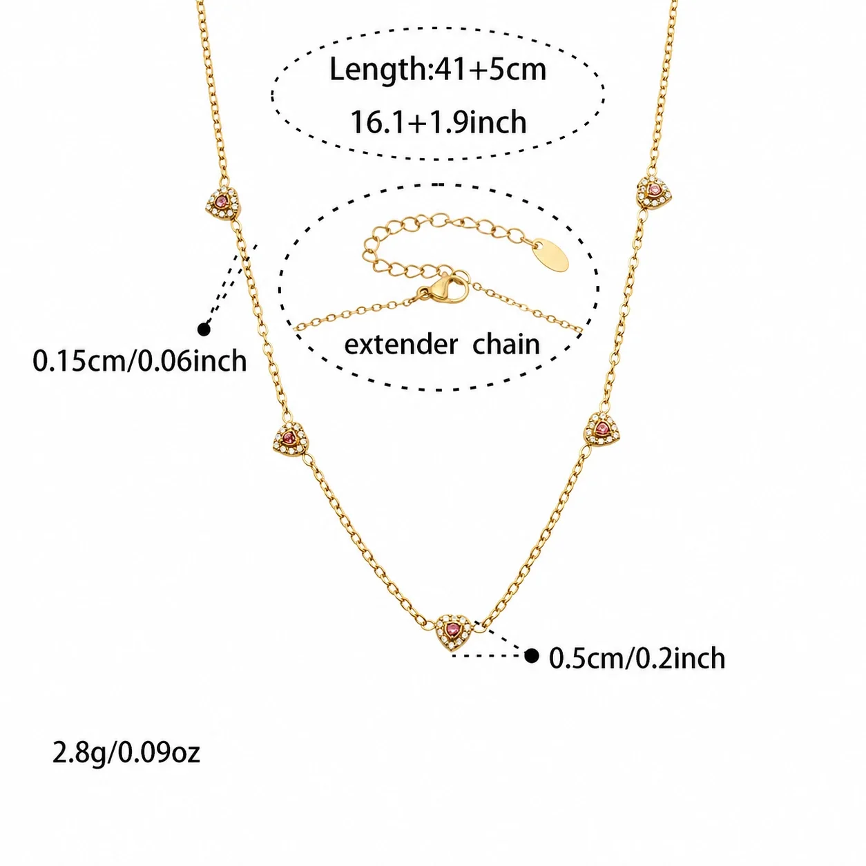 Dainty Heart CZ Station Stainless Steel Bracelet - Gold Pink CZ 41+5 cm