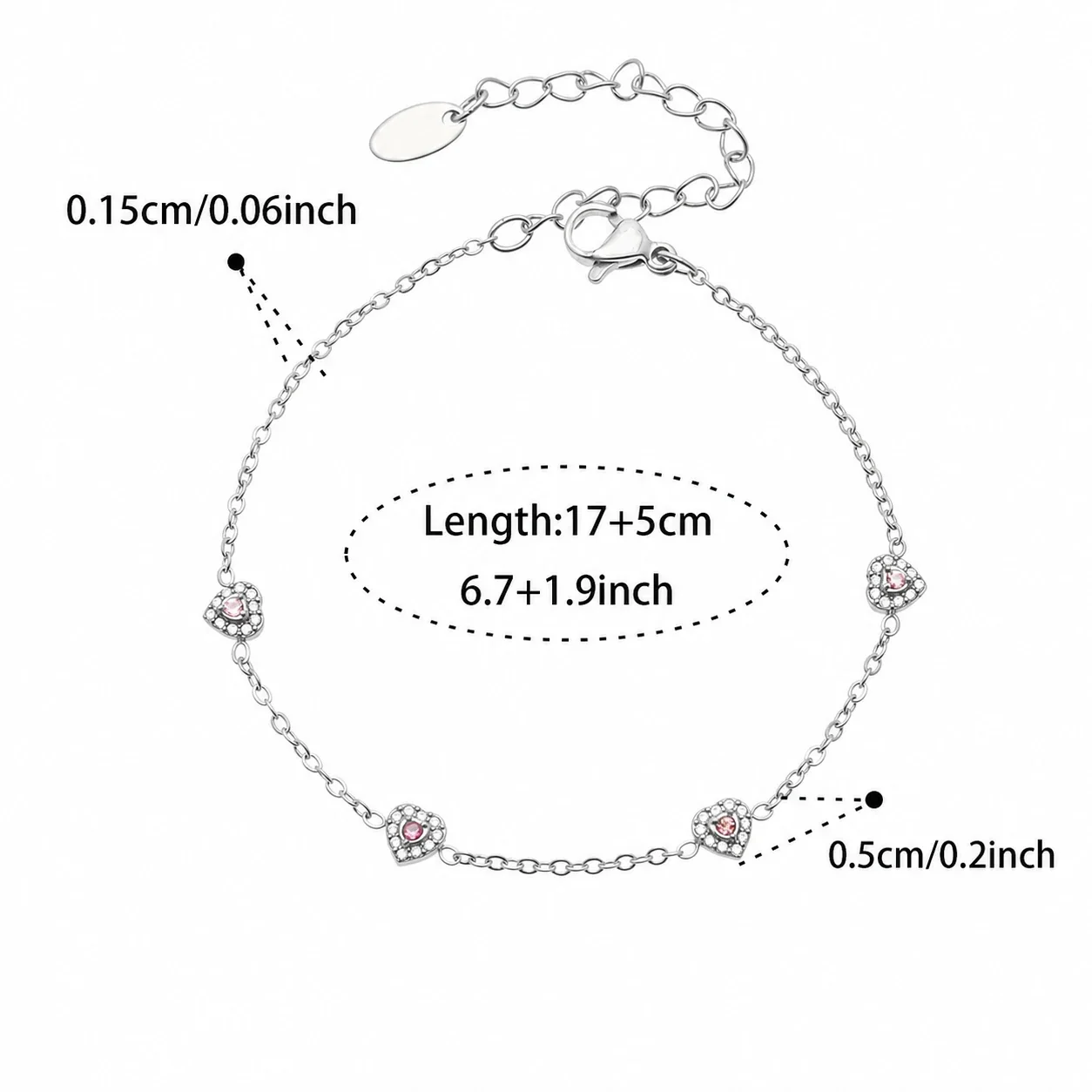 Dainty Heart CZ Station Stainless Steel Bracelet - Silver Pink CZ 17+5 cm