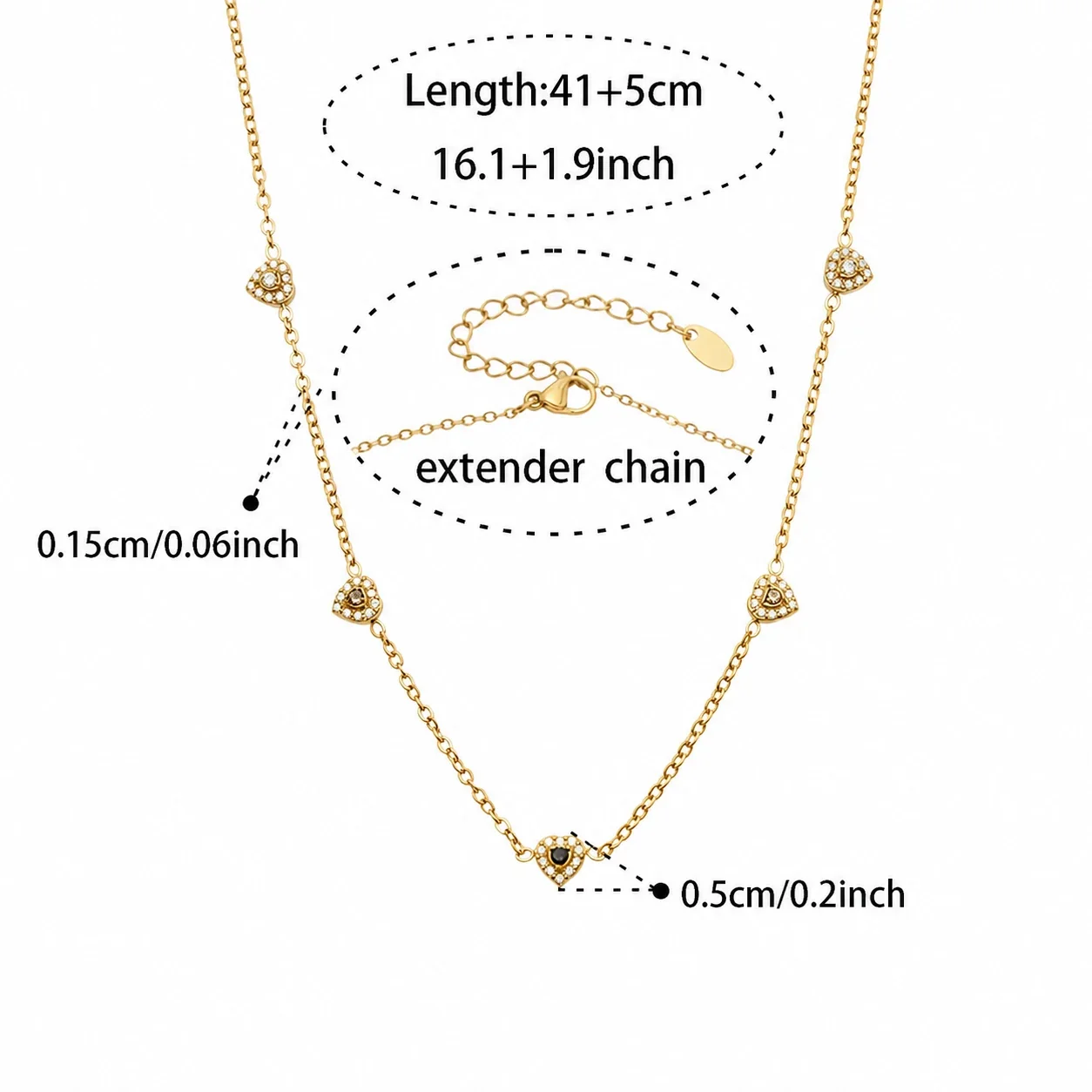 Dainty Heart CZ Station Stainless Steel Bracelet - Gold Black CZ 41+5 cm