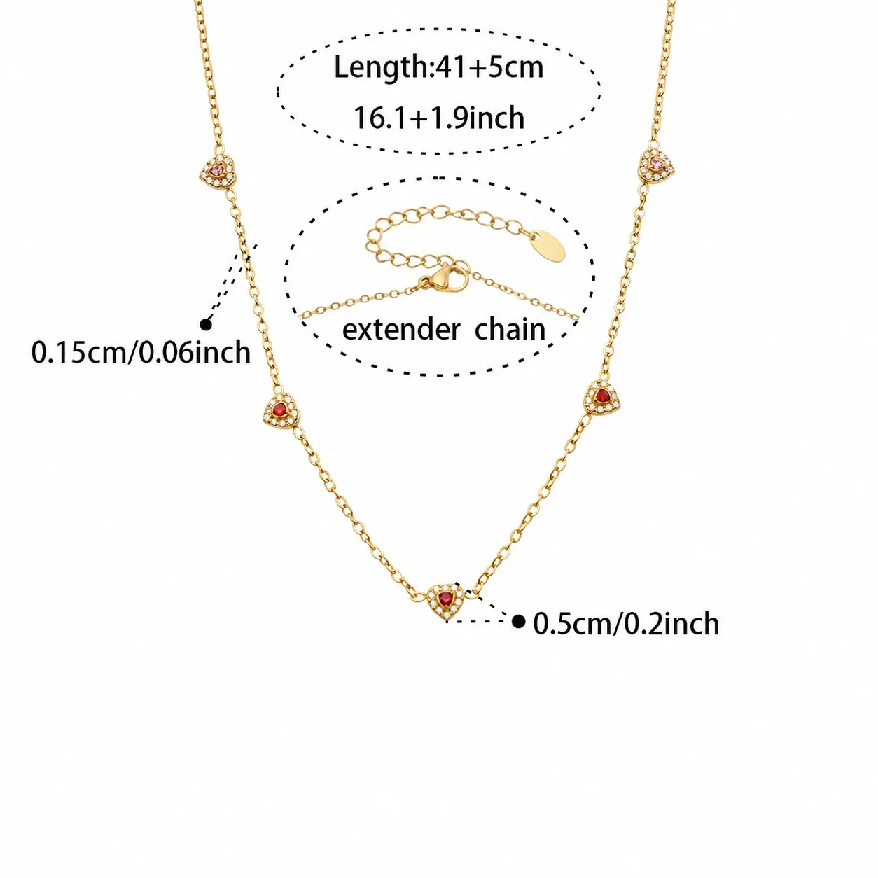 Dainty Heart CZ Station Stainless Steel Bracelet - Gold Red CZ 41+5 cm