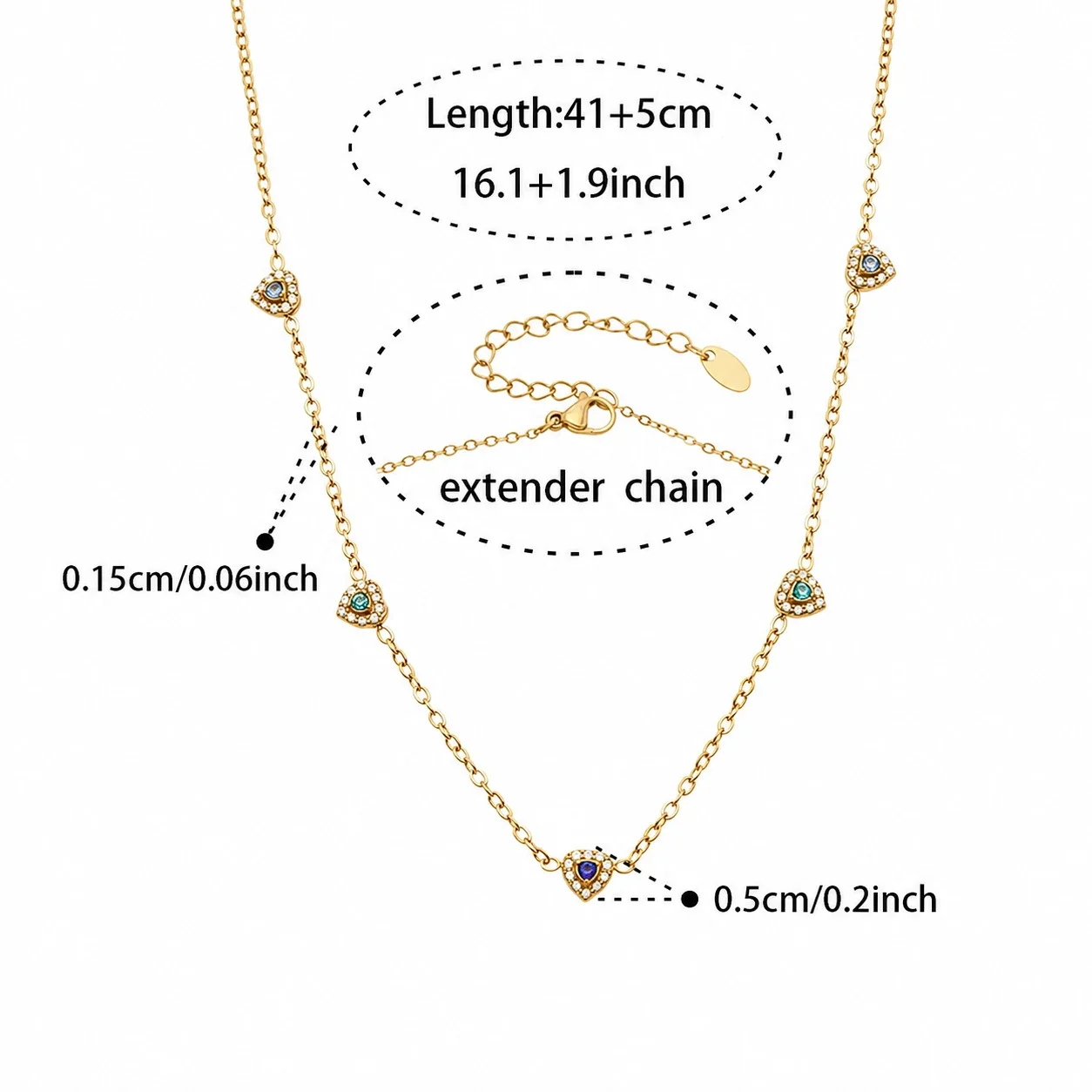 Dainty Heart CZ Station Stainless Steel Bracelet - Gold Blue CZ 41+5 cm