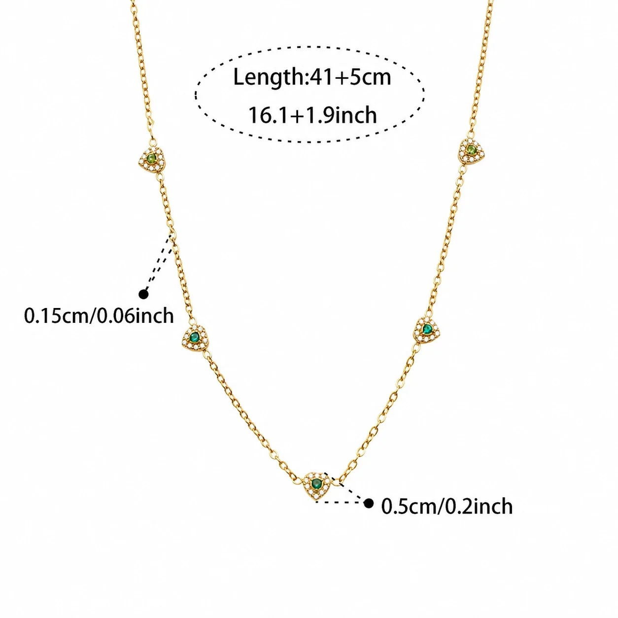 Dainty Heart CZ Station Stainless Steel Bracelet - Gold Green CZ 41+5 cm