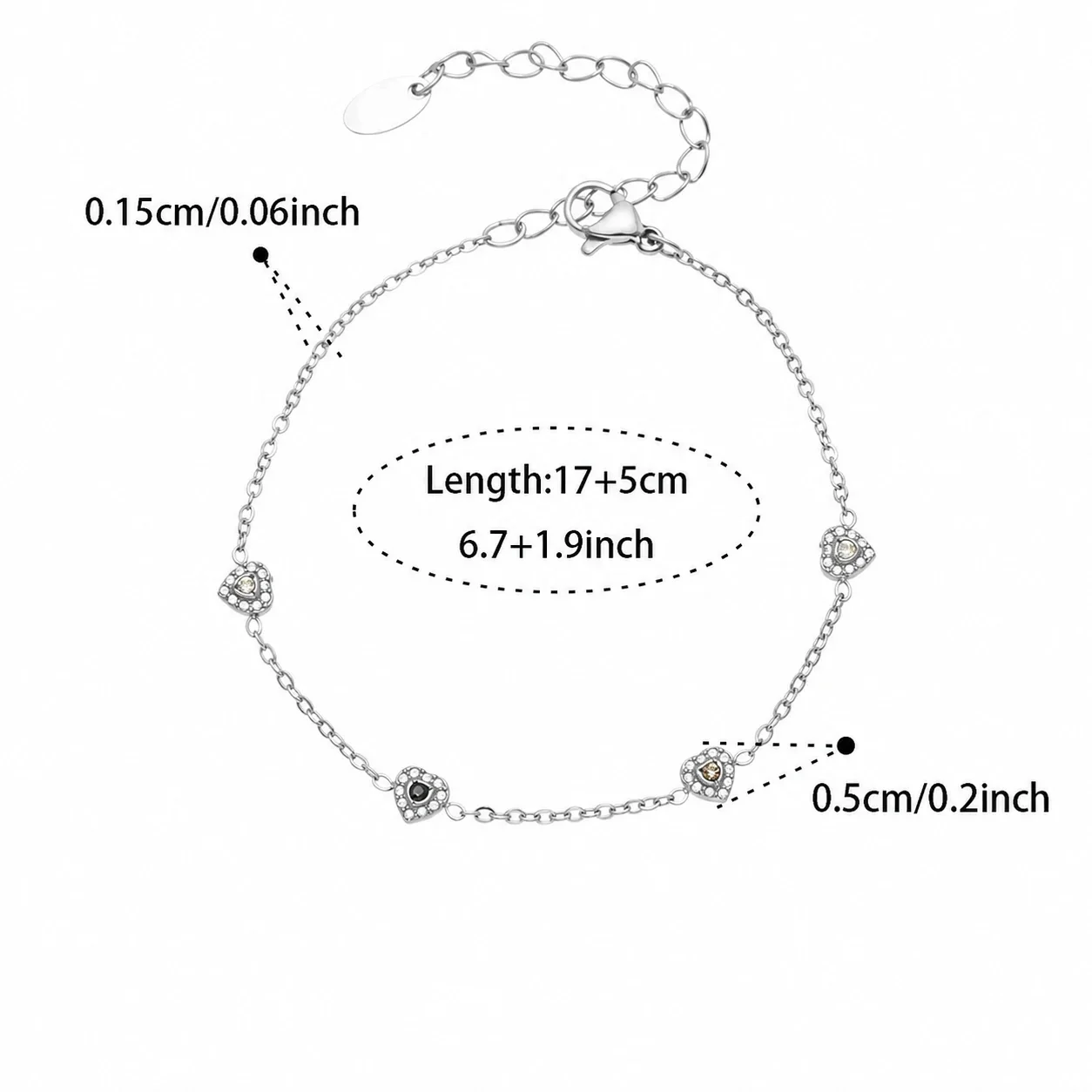 Dainty Heart CZ Station Stainless Steel Bracelet - Silver Black CZ 17+5 cm