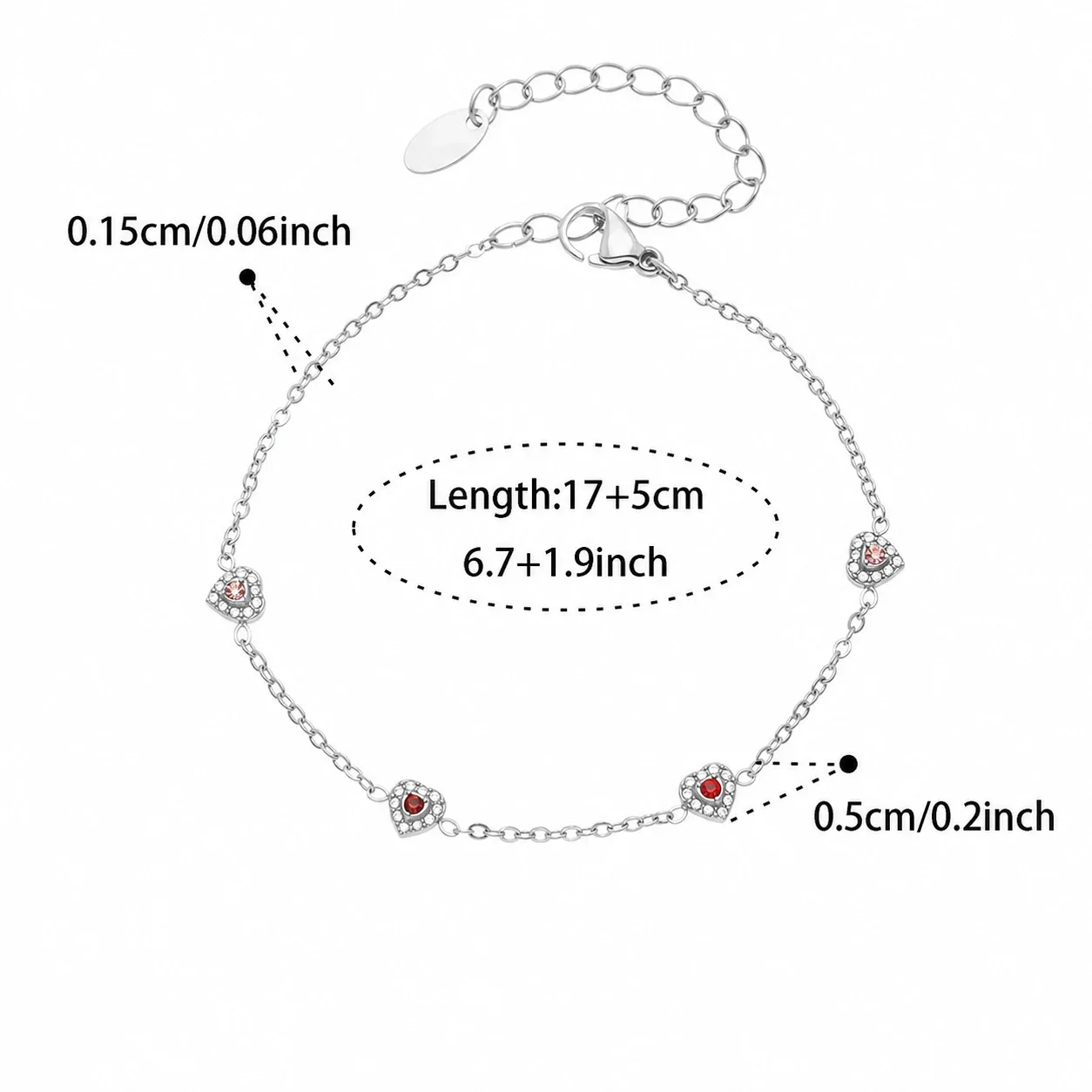 Dainty Heart CZ Station Stainless Steel Bracelet - Silver Red CZ 17+5 cm