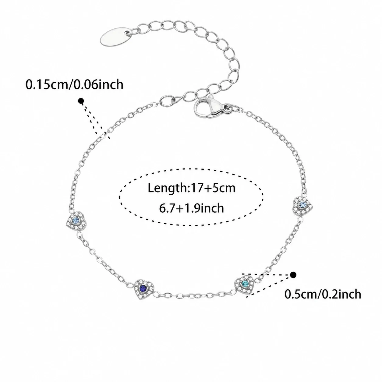 Dainty Heart CZ Station Stainless Steel Bracelet - Silver Blue CZ 17+5 cm