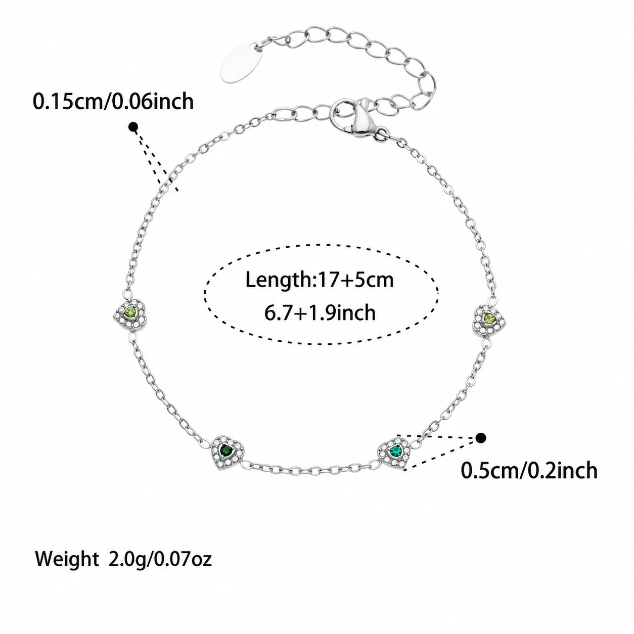 Dainty Heart CZ Station Stainless Steel Bracelet - Silver Green CZ 17+5 cm
