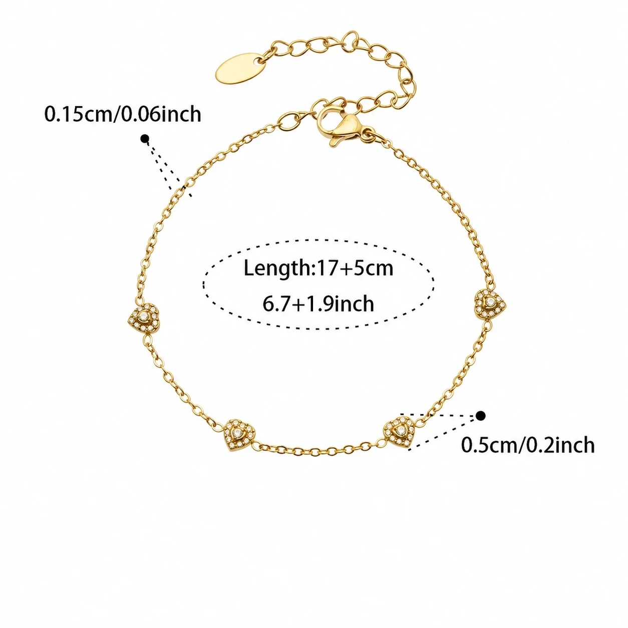 Dainty Heart CZ Station Stainless Steel Bracelet - Gold White CZ 17+5 cm