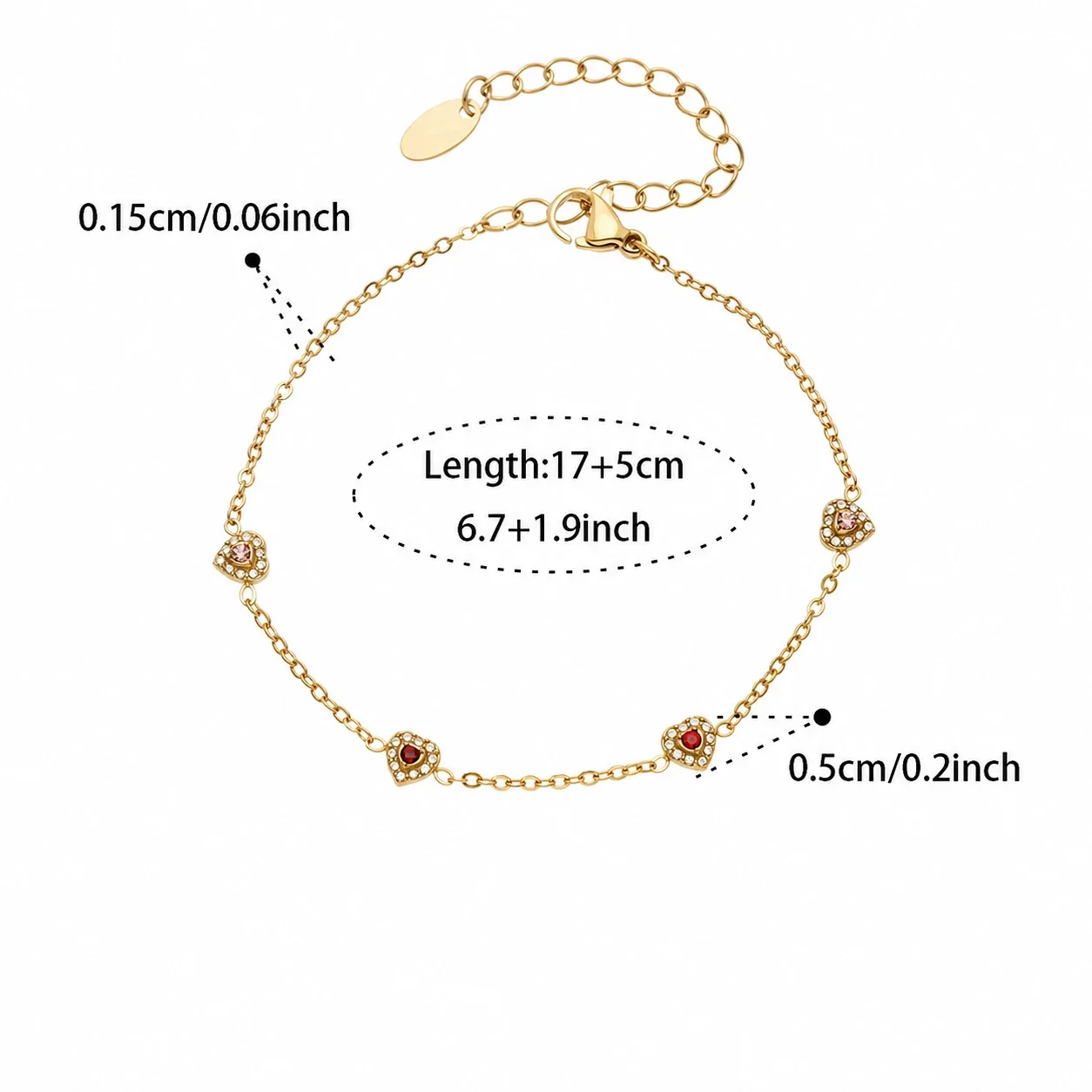 Dainty Heart CZ Station Stainless Steel Bracelet - Gold Red CZ 17+5 cm