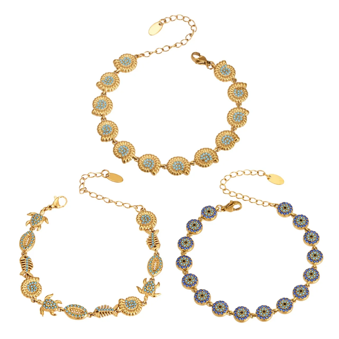 Coastal Gold-Plated Stainless Steel Ocean Crystal Chain Bracelet