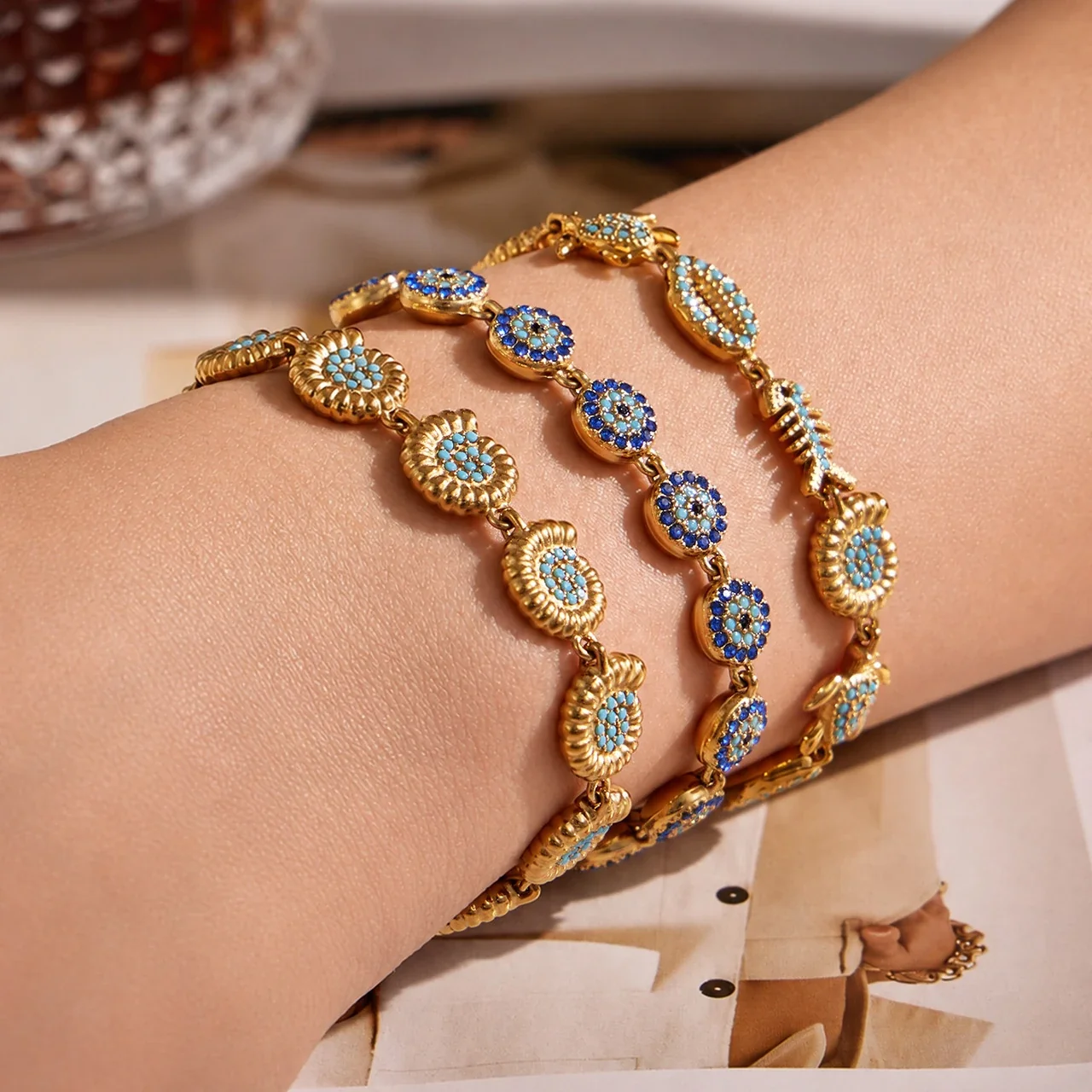 Coastal Gold-Plated Stainless Steel Ocean Crystal Chain Bracelet