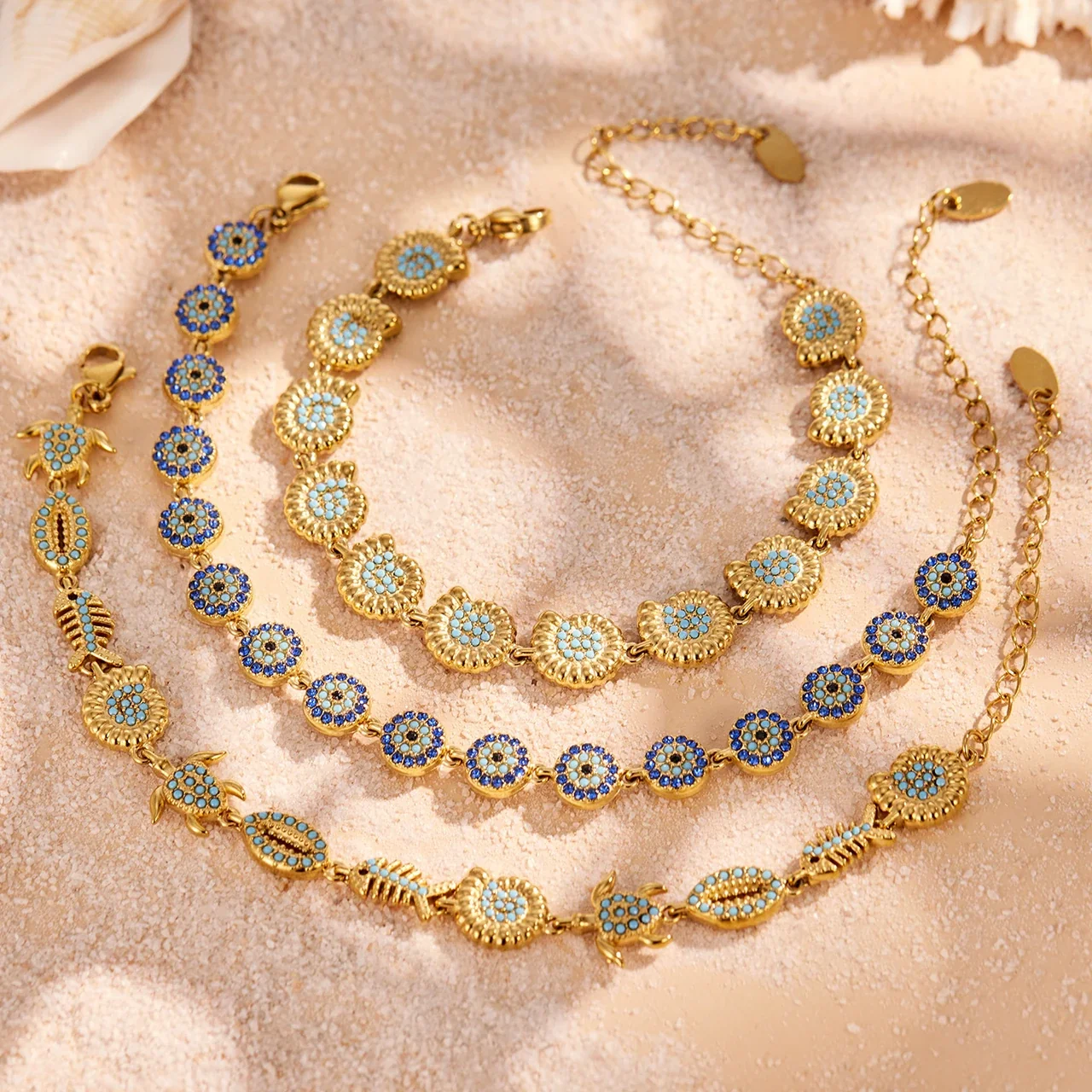 Coastal Gold-Plated Stainless Steel Ocean Crystal Chain Bracelet