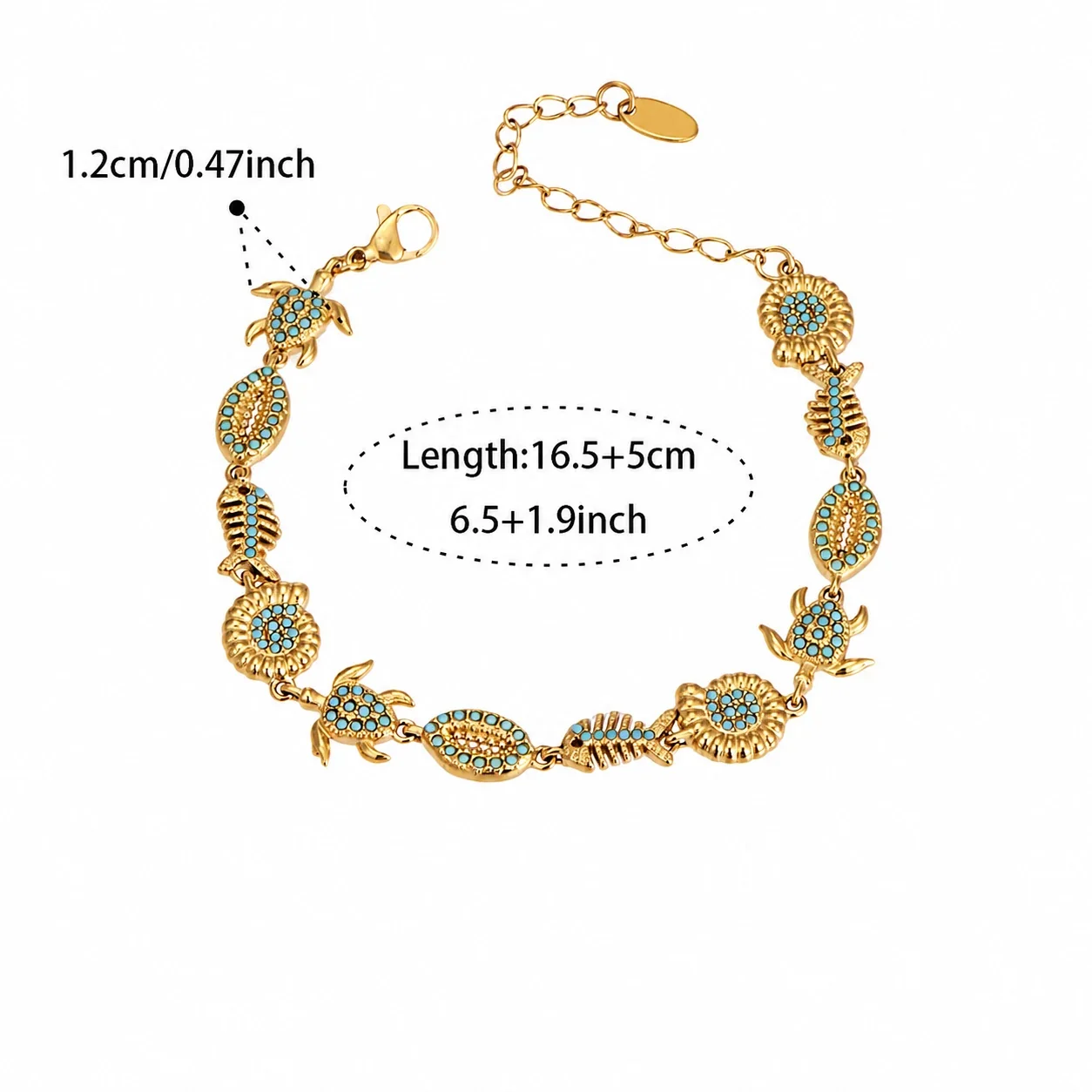 Coastal Gold-Plated Stainless Steel Ocean Crystal Chain Bracelet - Gold Sea Turtle 16.5+5 cm
