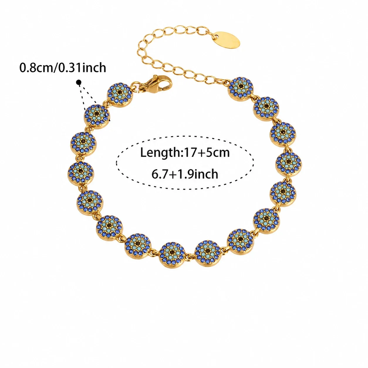 Coastal Gold-Plated Stainless Steel Ocean Crystal Chain Bracelet - Gold Fish Eye 17+5 cm