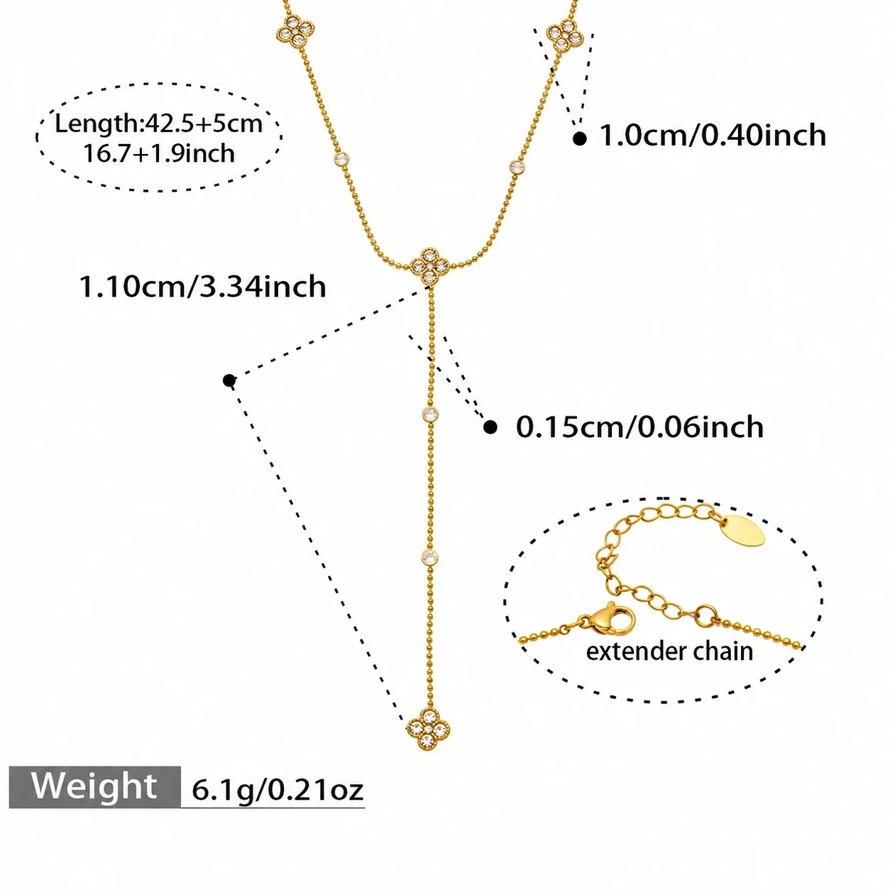 Clover Y-Drop 18K Gold-Plated CZ Steel Necklace - P1255-Y-42.5+5cm