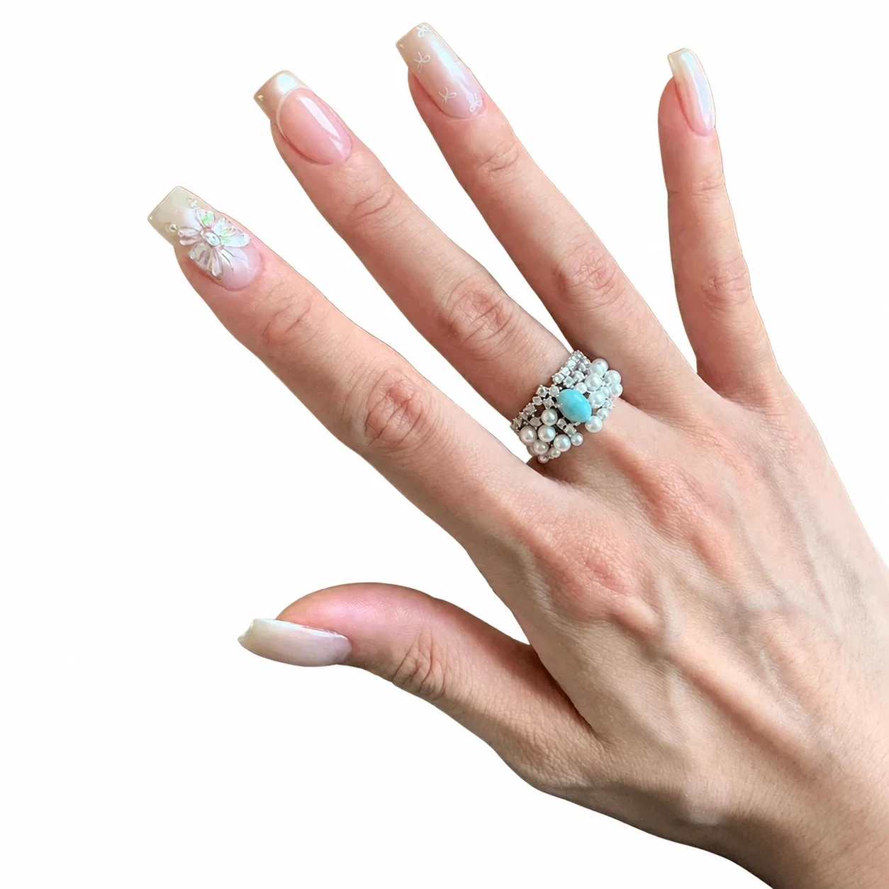 Ornate Silver-Plated Pearl Cluster Stone Oval Ring