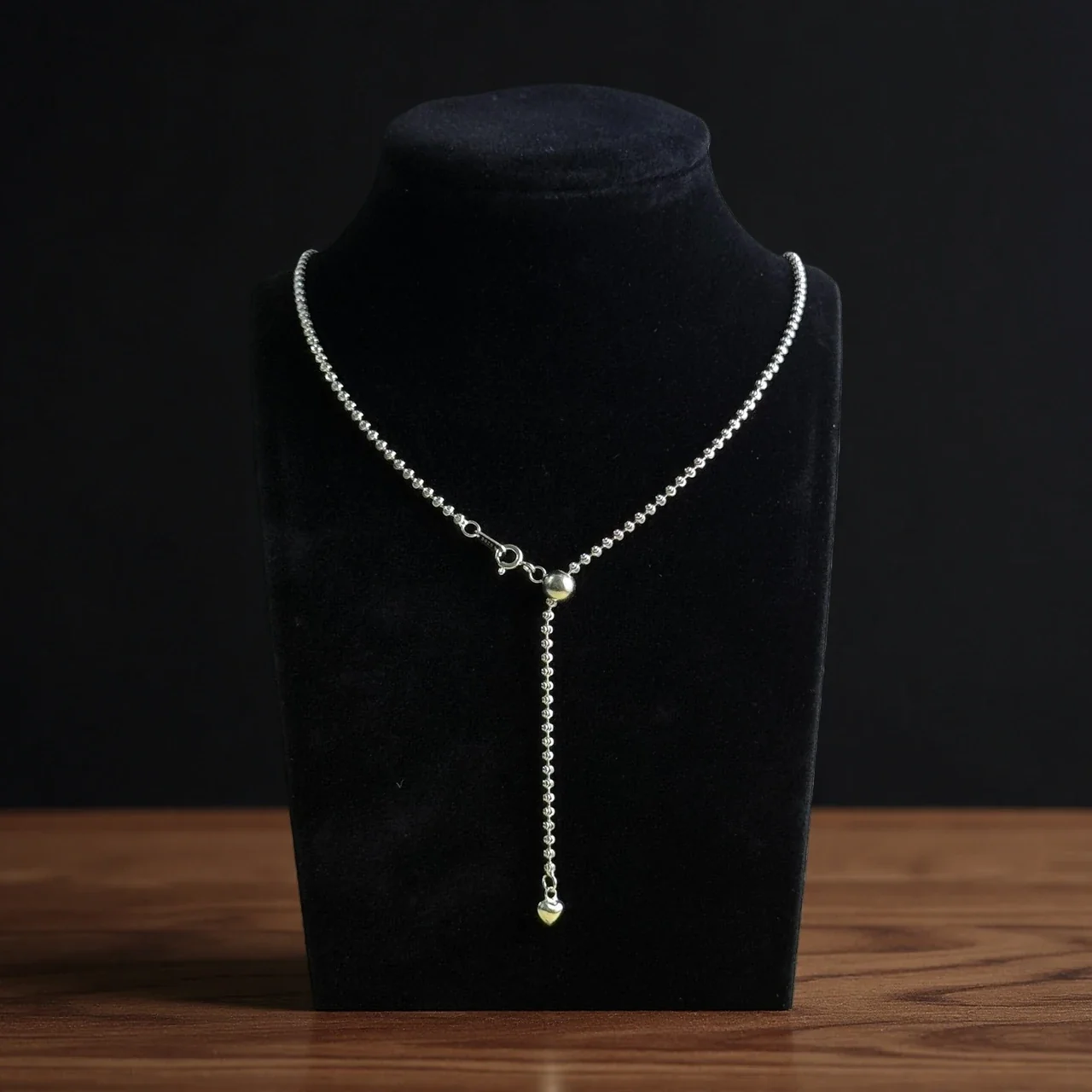 Adjustable 925 Sterling Silver Ball Chain Heart Drop Necklace