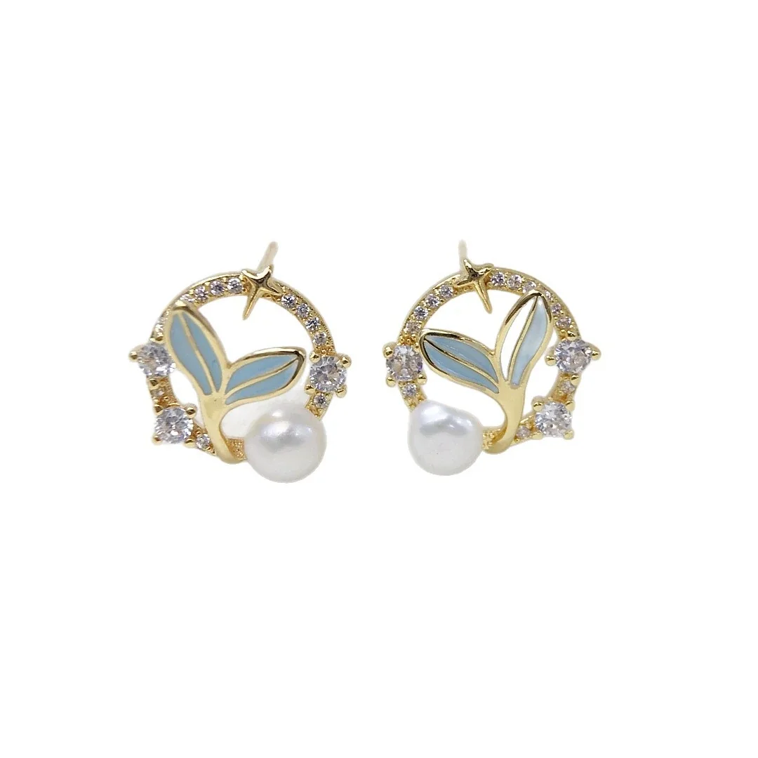 Whimsical Gold-Plated Blue Enamel Leaf Freshwater Pearl Stud Earrings