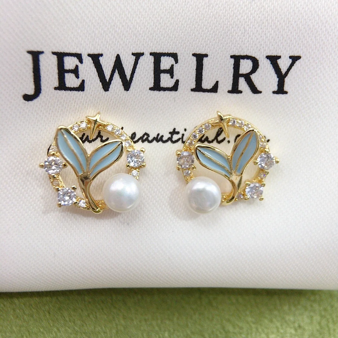 Whimsical Gold-Plated Blue Enamel Leaf Freshwater Pearl Stud Earrings