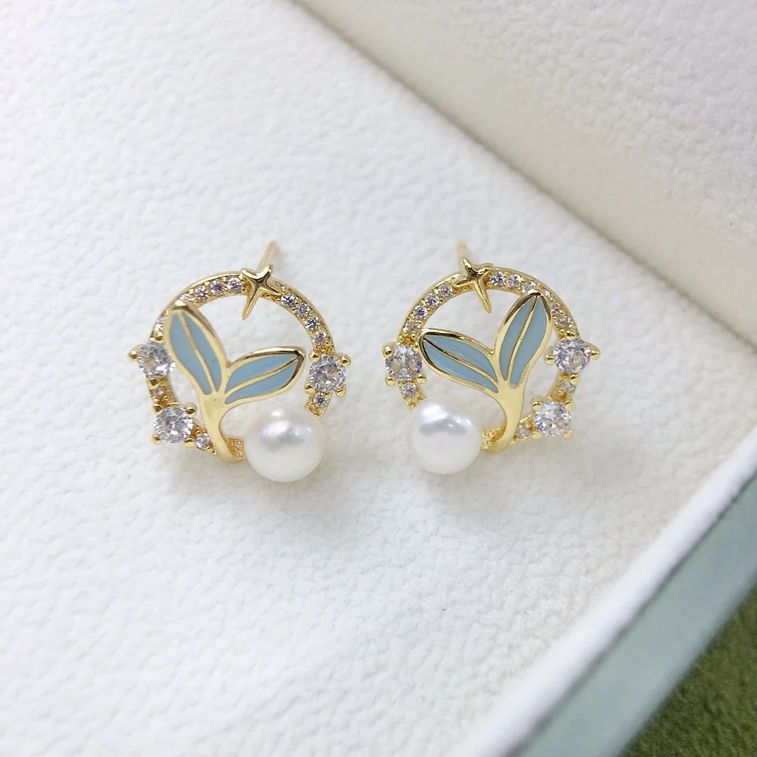 Whimsical Gold-Plated Blue Enamel Leaf Freshwater Pearl Stud Earrings