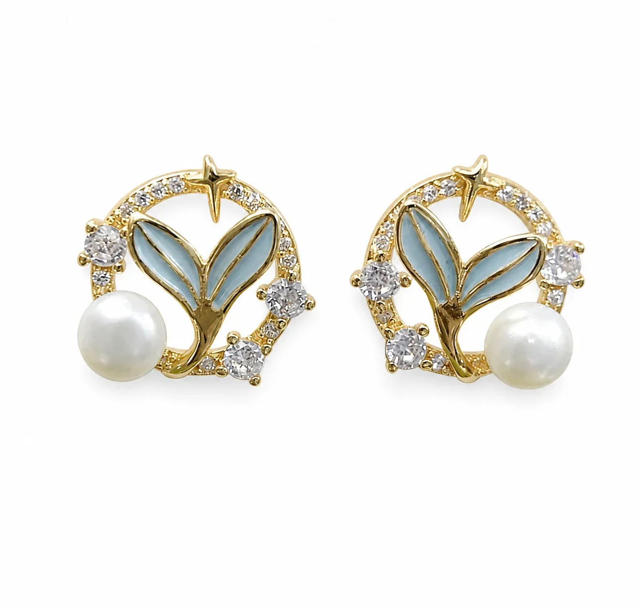 Whimsical Gold-Plated Blue Enamel Leaf Freshwater Pearl Stud Earrings