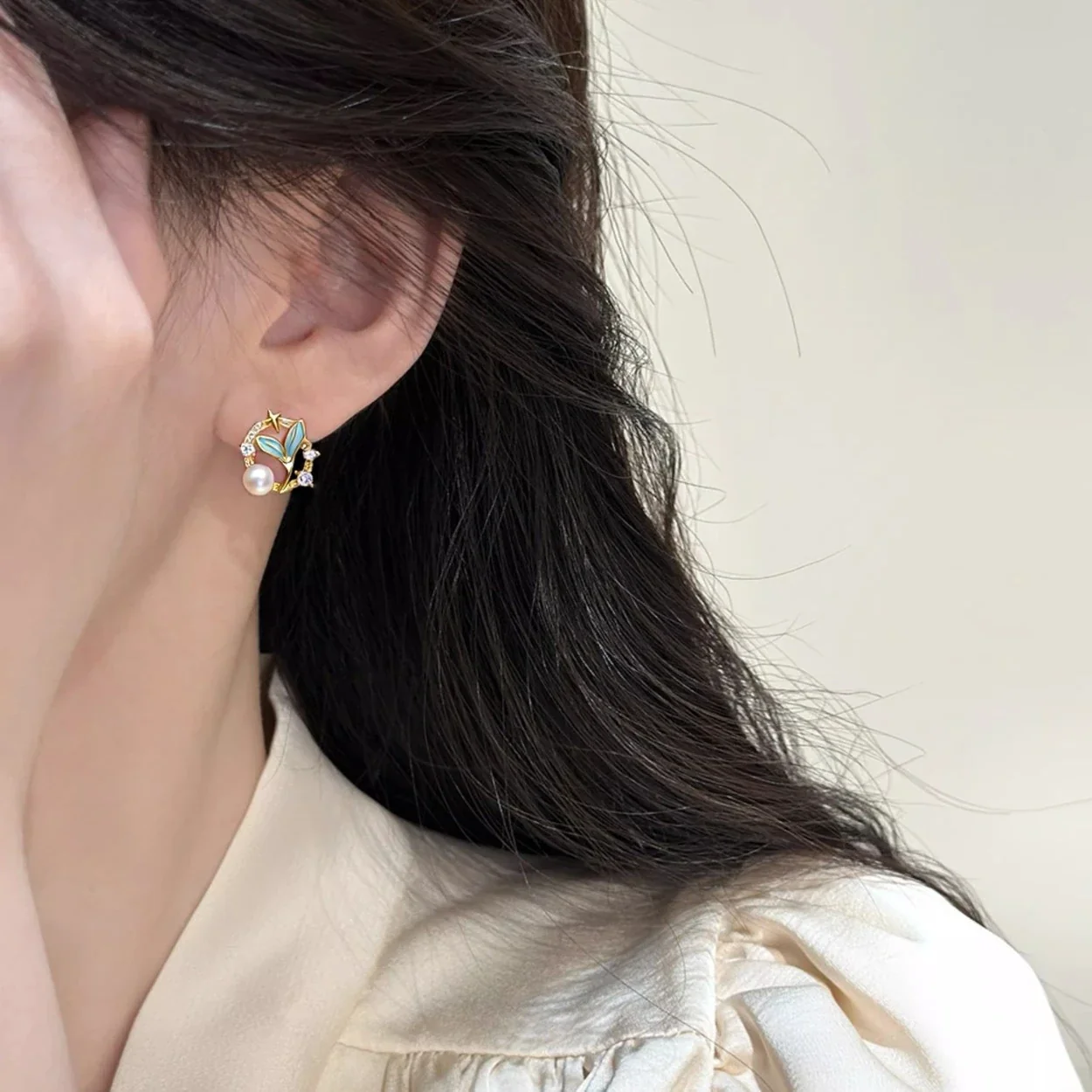 Whimsical Gold-Plated Blue Enamel Leaf Freshwater Pearl Stud Earrings