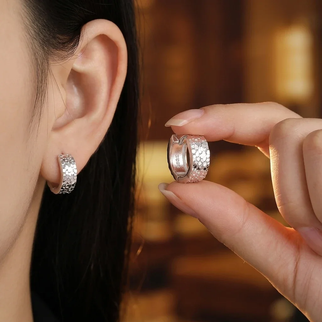 Faceted 925 Sterling Silver Scaled Huggie Hoop Earrings