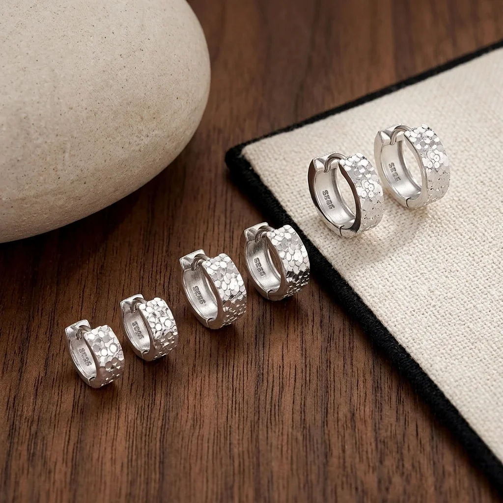Faceted 925 Sterling Silver Scaled Huggie Hoop Earrings