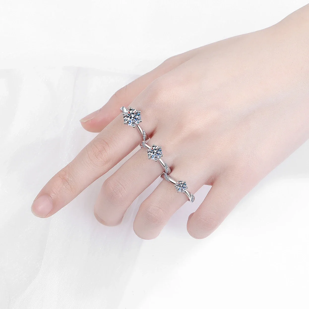 Refined 925 sterling silver six-prong round moissanite ring