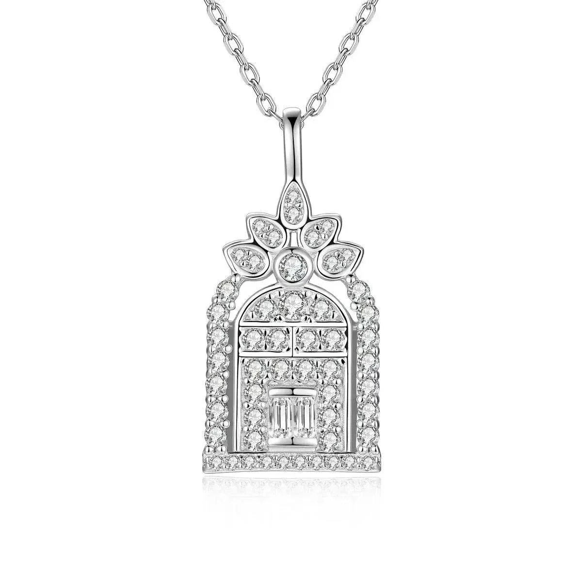 Ornate High-Polish 925 Sterling Silver Castle Arch Pendant Necklace