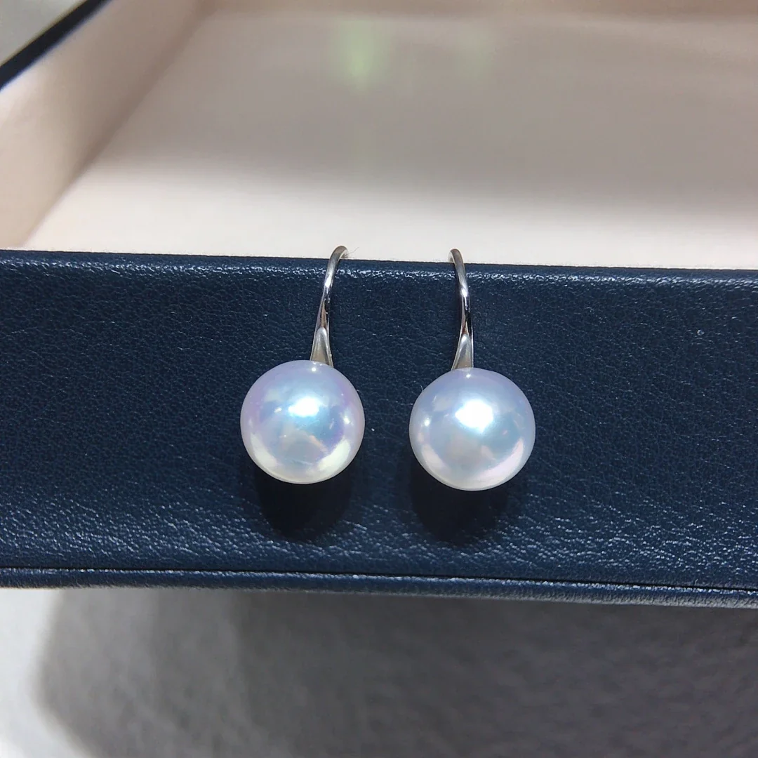 Lustrous Round Freshwater Pearl Hook Drop Earrings - White 9-10 mm