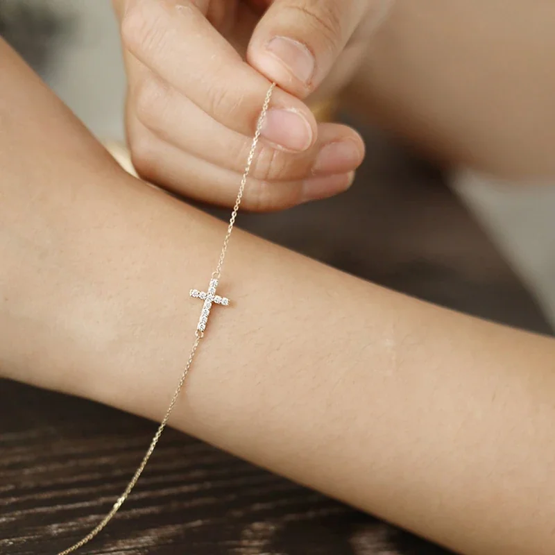 Delicate 925 sterling silver Pavé Cross Chain Bracelet