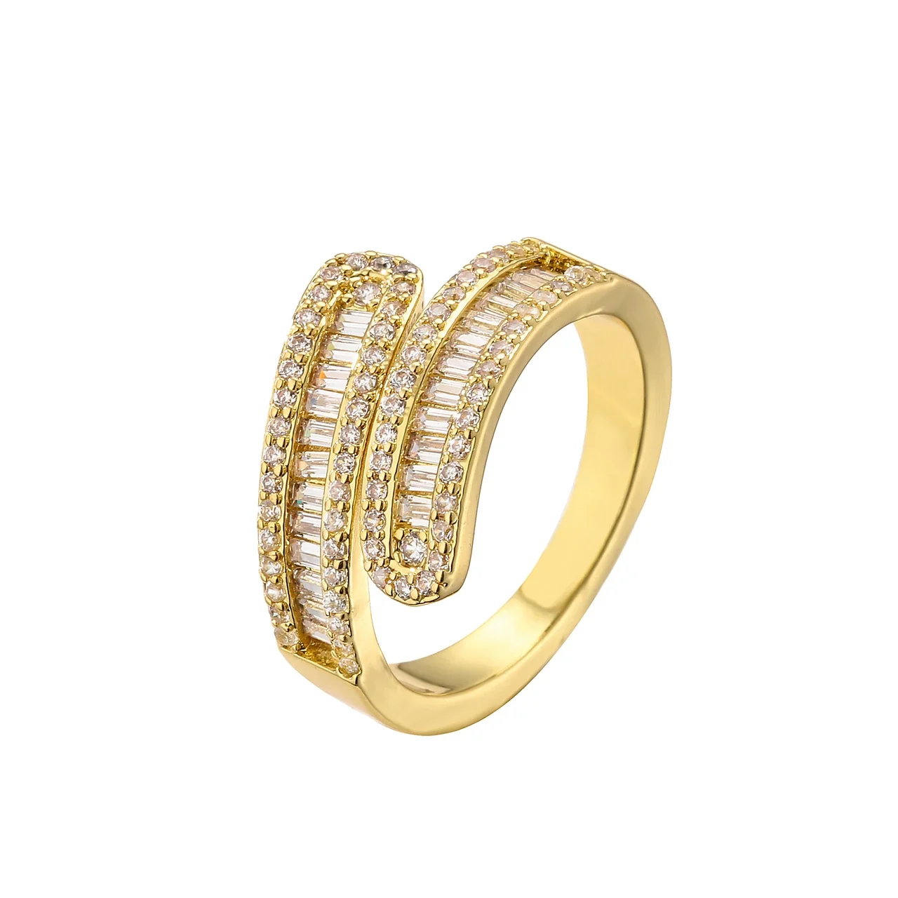 Sculptural Brass Baguette Pavé Leaf Open Ring