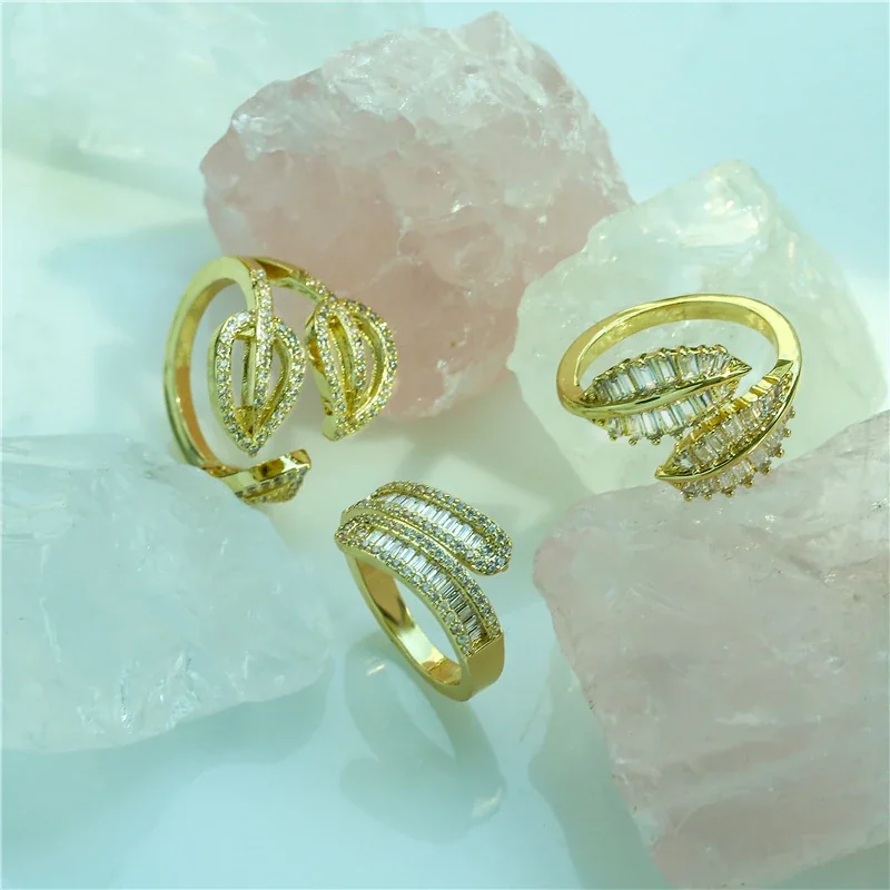 Sculptural Brass Baguette Pavé Leaf Open Ring
