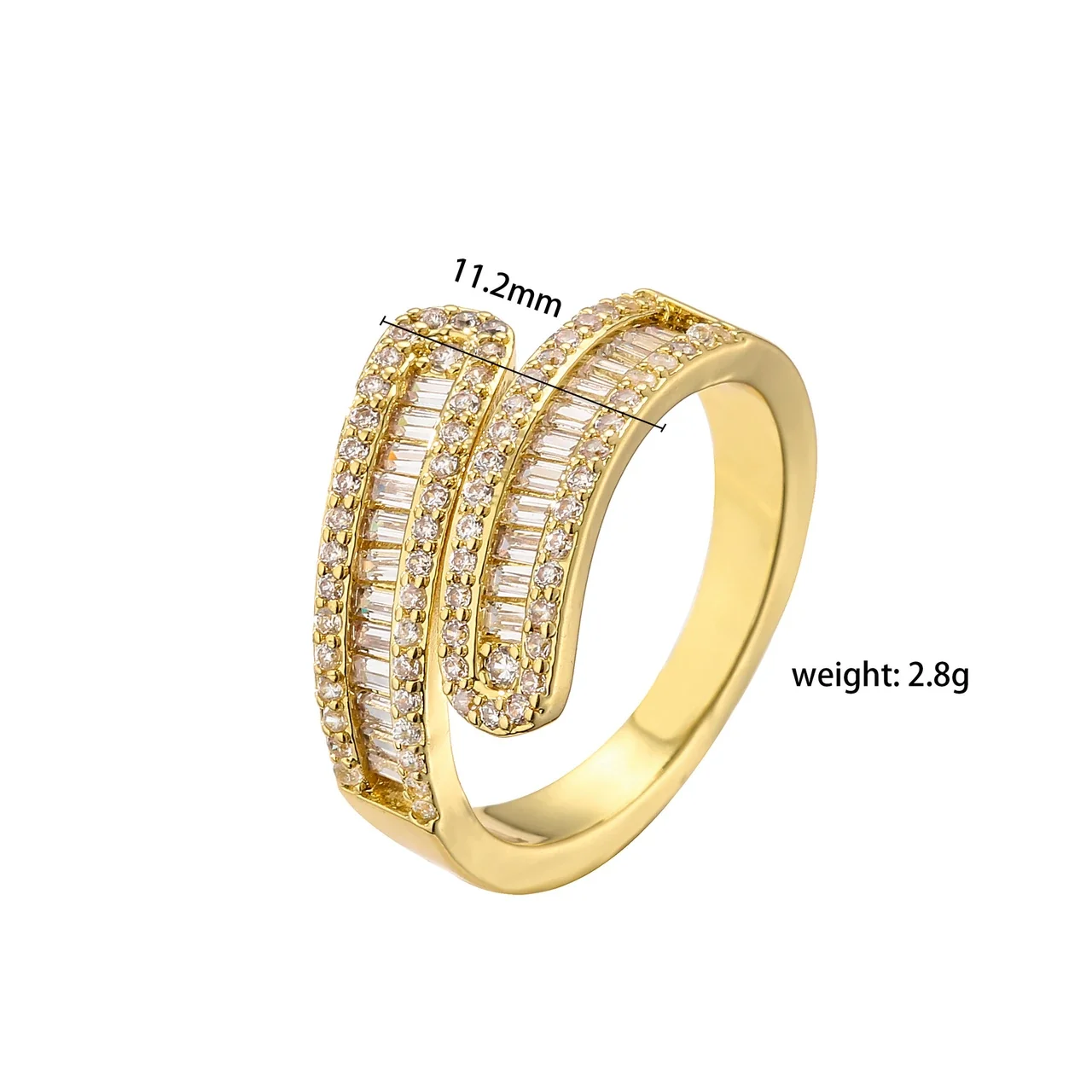 Sculptural Brass Baguette Pavé Leaf Open Ring