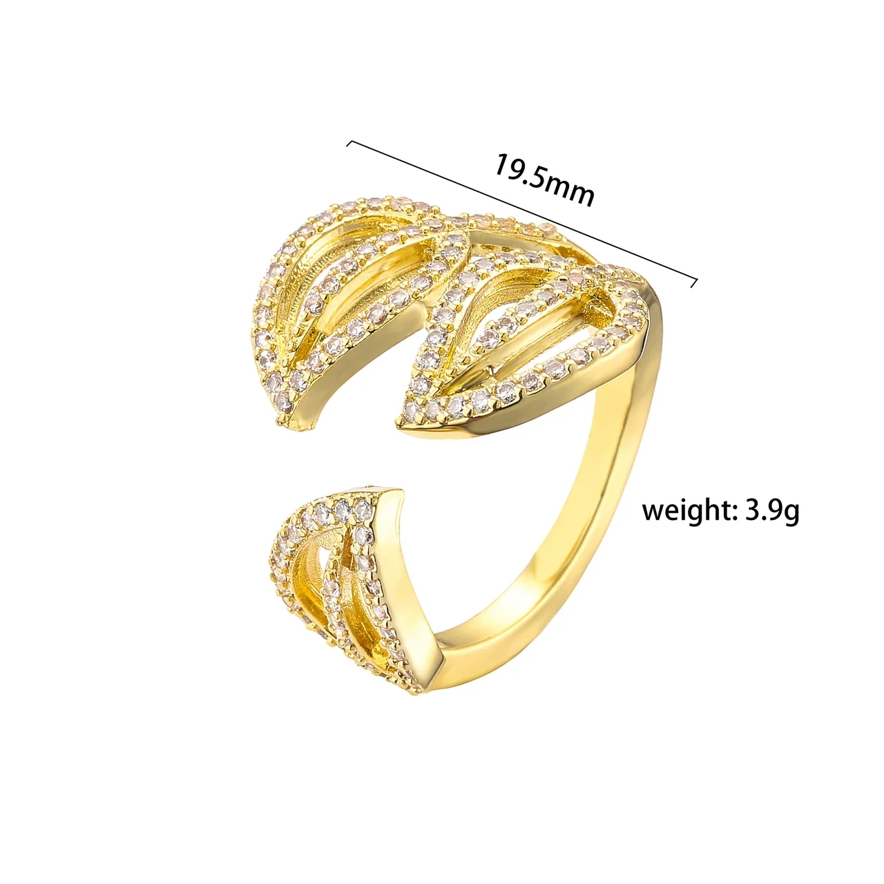 Sculptural Brass Baguette Pavé Leaf Open Ring