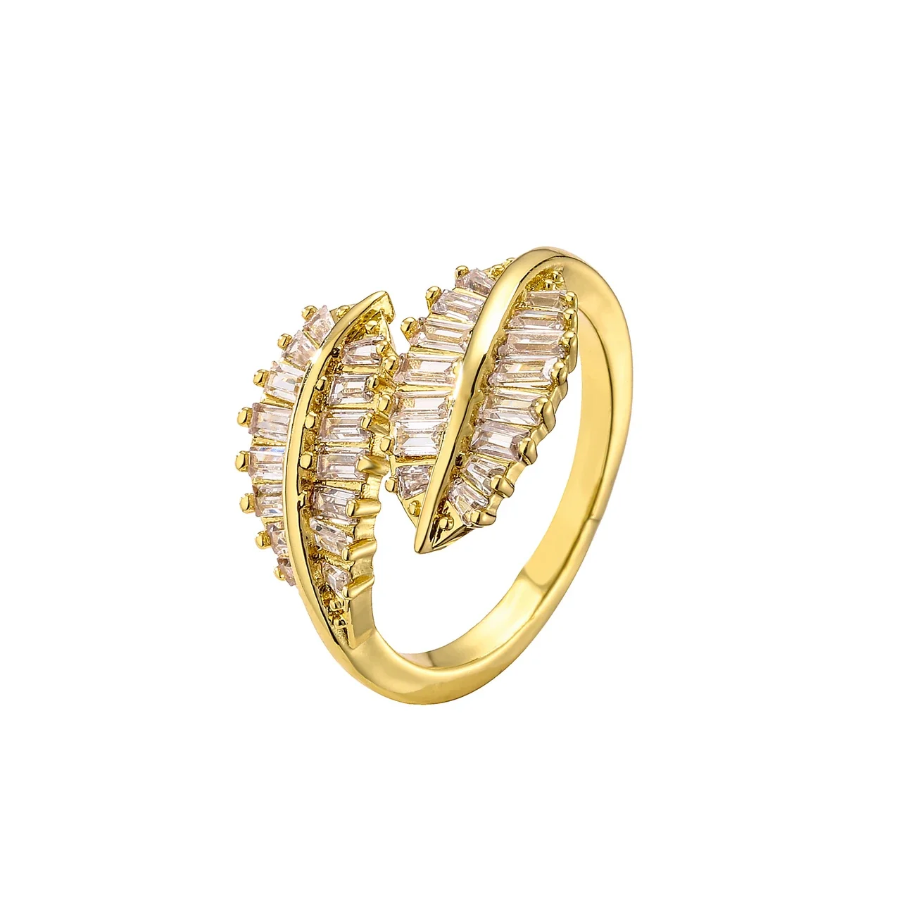 Sculptural Brass Baguette Pavé Leaf Open Ring - Gold Leaves