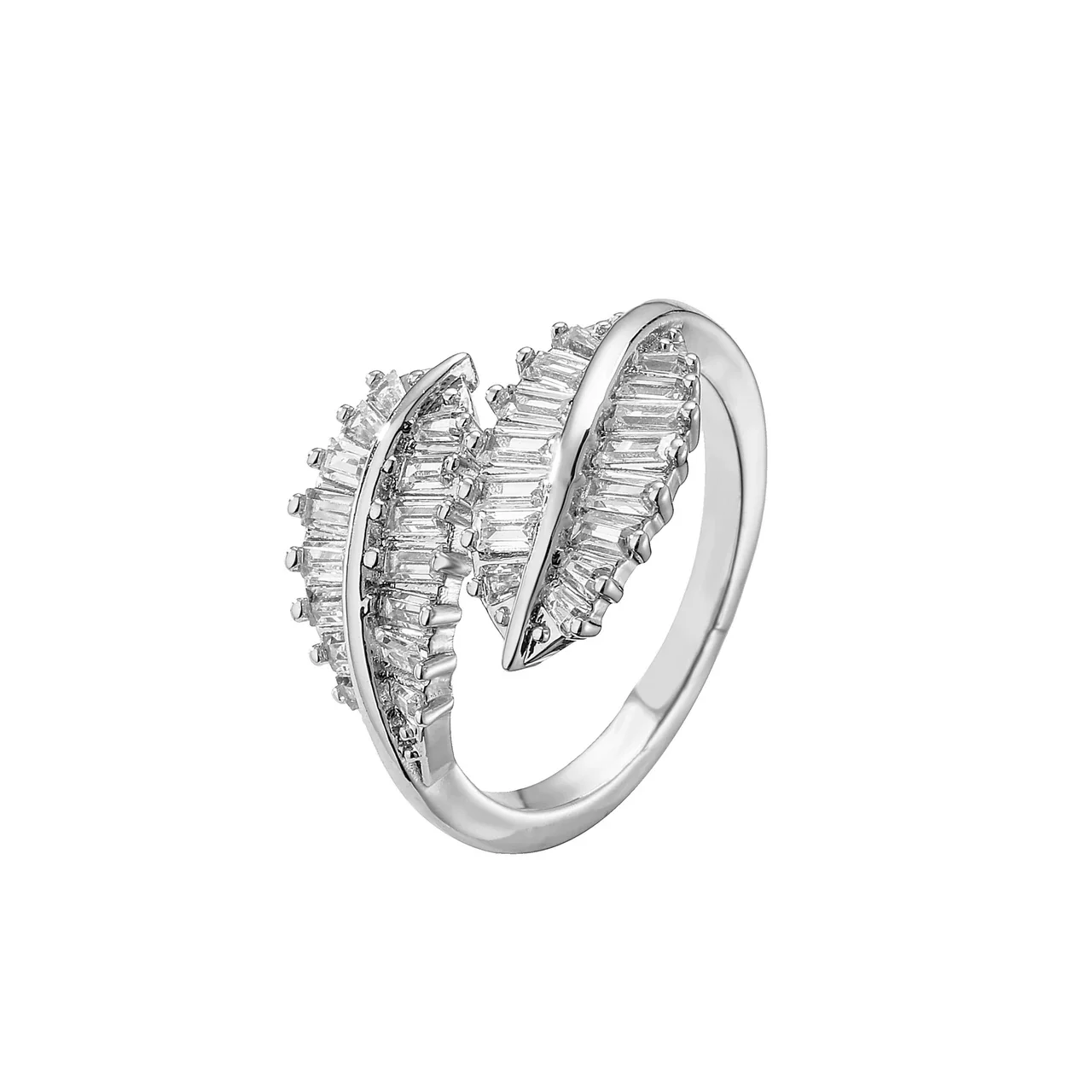 Sculptural Brass Baguette Pavé Leaf Open Ring - Silver Leaves
