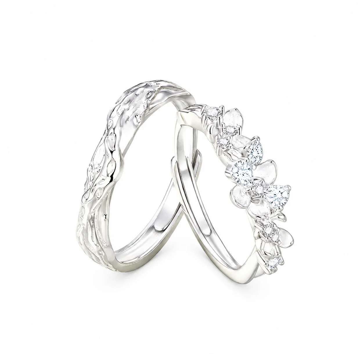 Botanical Textured Floral CZ 925 Sterling Silver Ring