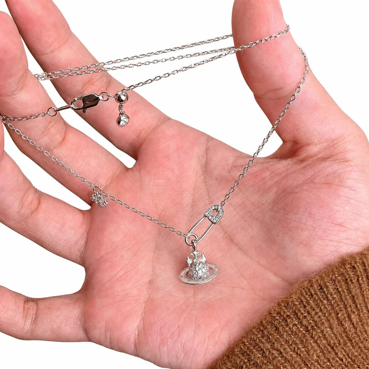 Orbital Silver-Plated Pin Clasp Crystal Copper Necklace