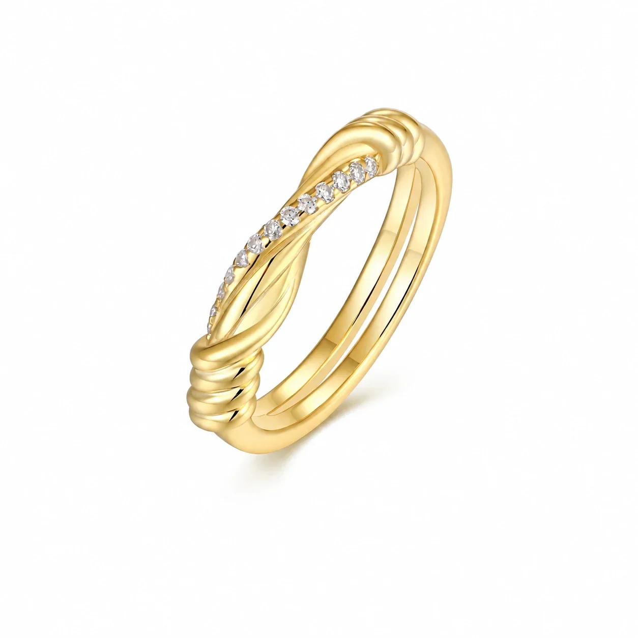 Twisted Gold-Tone Pavé 925 Sterling Silver Moissanite Ring
